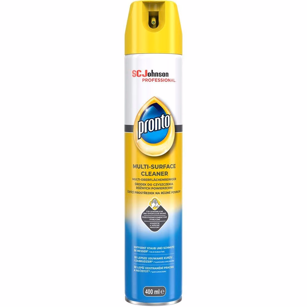Spray przeciw kurzowi Pronto Multi Surface Original 400 ml, biało-niebieska puszka aerozolu z żółtą nakrętką