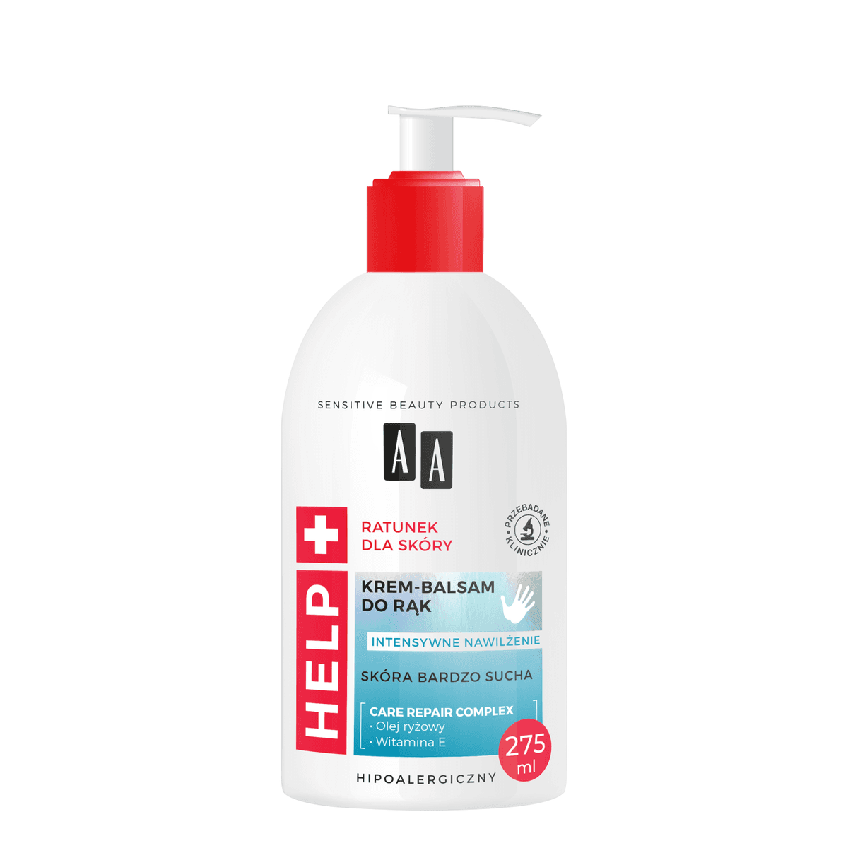 Krem do rąk AA HELP 275ml, wizualizacja produktu z czerwoną nakrętką pod pompką na białym tle