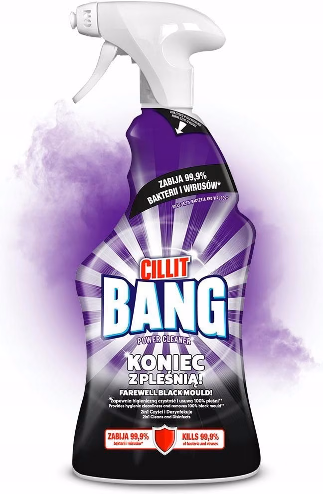 Cillit Bang 750ml na pleśń i czarne osady, grafika produktowa z fioletowym dymem w tle