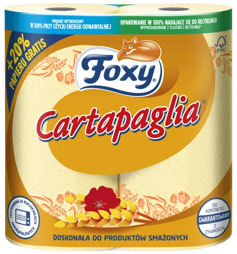 Ręcznik Papierowy Kuchenny Foxy Cartapaglia 2-warstwowy 2 rolki, widok frontowy opakowania z oznaczeniem 20% gratis