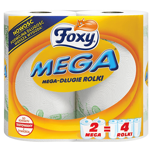 Ręcznik Kuchenny Papierowy Foxy Mega Dwuwarstwowy Biały 2 rolki, widok z przodu na opakowanie z oznaczeniem 2=4 rolki