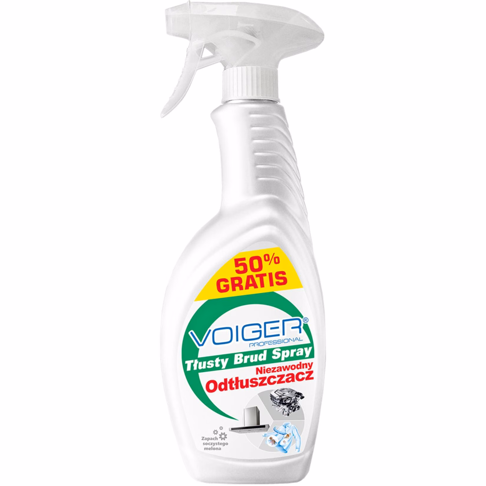 Odtłuszczacz Voiger Tłusty Brud Spray 500 ml, opakowanie z żółtym oznaczeniem 50% gratis i ikonami zastosowań