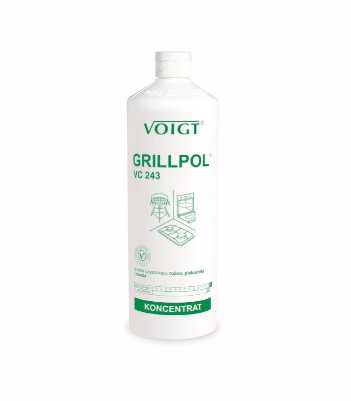 Płyn VC-243 1l GRILLPOL, biała butelka koncentratu Voigt z zielonymi napisami i ikonami grilla oraz piekarnika