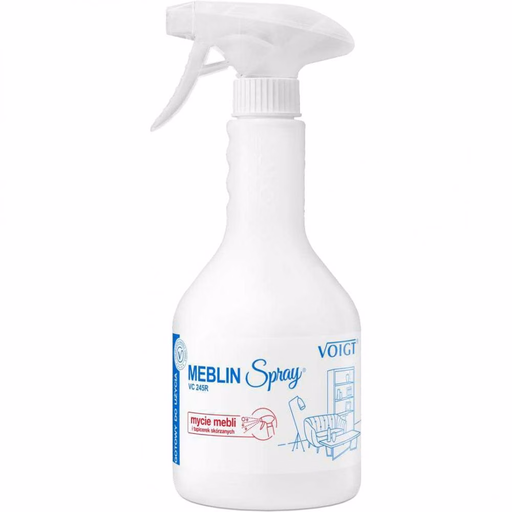 Płyn VC-245 R 0,6l MEBLIN SPRAY, biała butelka z atomizerem i etykietą z grafiką mebli