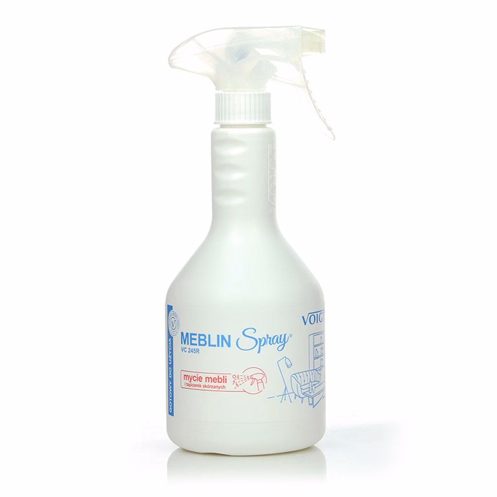 Płyn VC-245 R 0,6l MEBLIN SPRAY, produkt do pielęgnacji mebli i skóry na białym tle z odbiciem
