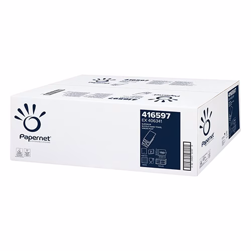 Ręcznik Papierowy do Rąk Papernet Xpress 416597, białe opakowanie zbiorcze z logo marki i specyfikacją techniczną