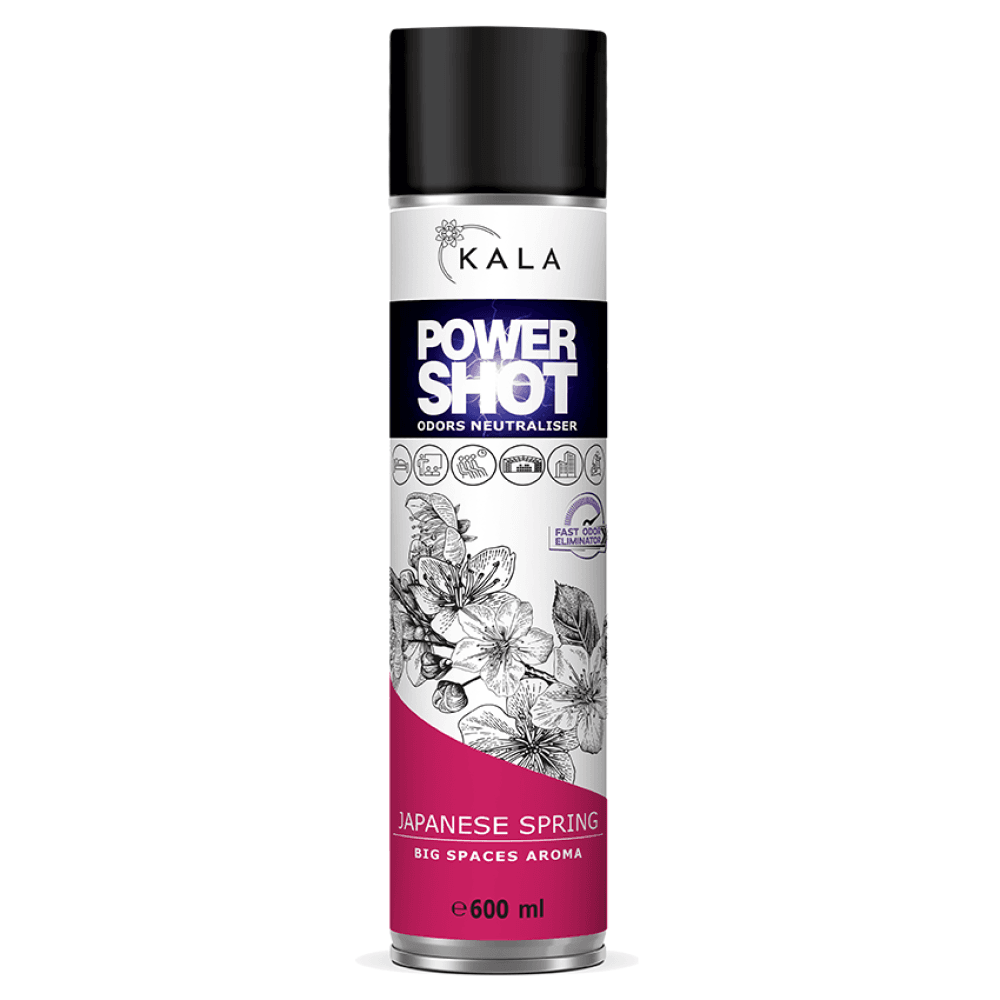 Neutralizator Zapachu Kala Power Shot Japanese Spring 600 ml, wysoka puszka sprayu z grafiką kwiatów wiśni