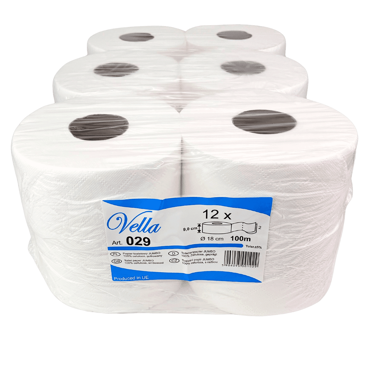 Papier toal. MINI cel. biały 2W 100m A'12 029 Vella, widok z góry na zgrzewkę białych rolek jumbo