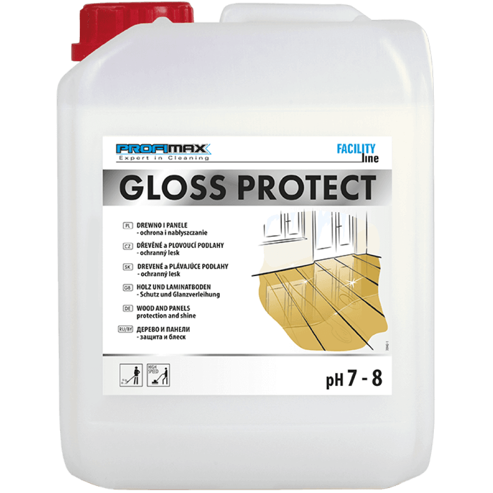 Lakma Gloss Protect Drewno i Panele 5L, biały kanister z czerwoną nakrętką i etykietą Profimax na czarnym tle