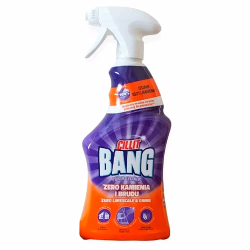 Cillit Bang Expert Zero Kamienia 750 ml, fioletowo-pomarańczowa butelka z białym atomizerem na jasnym tle