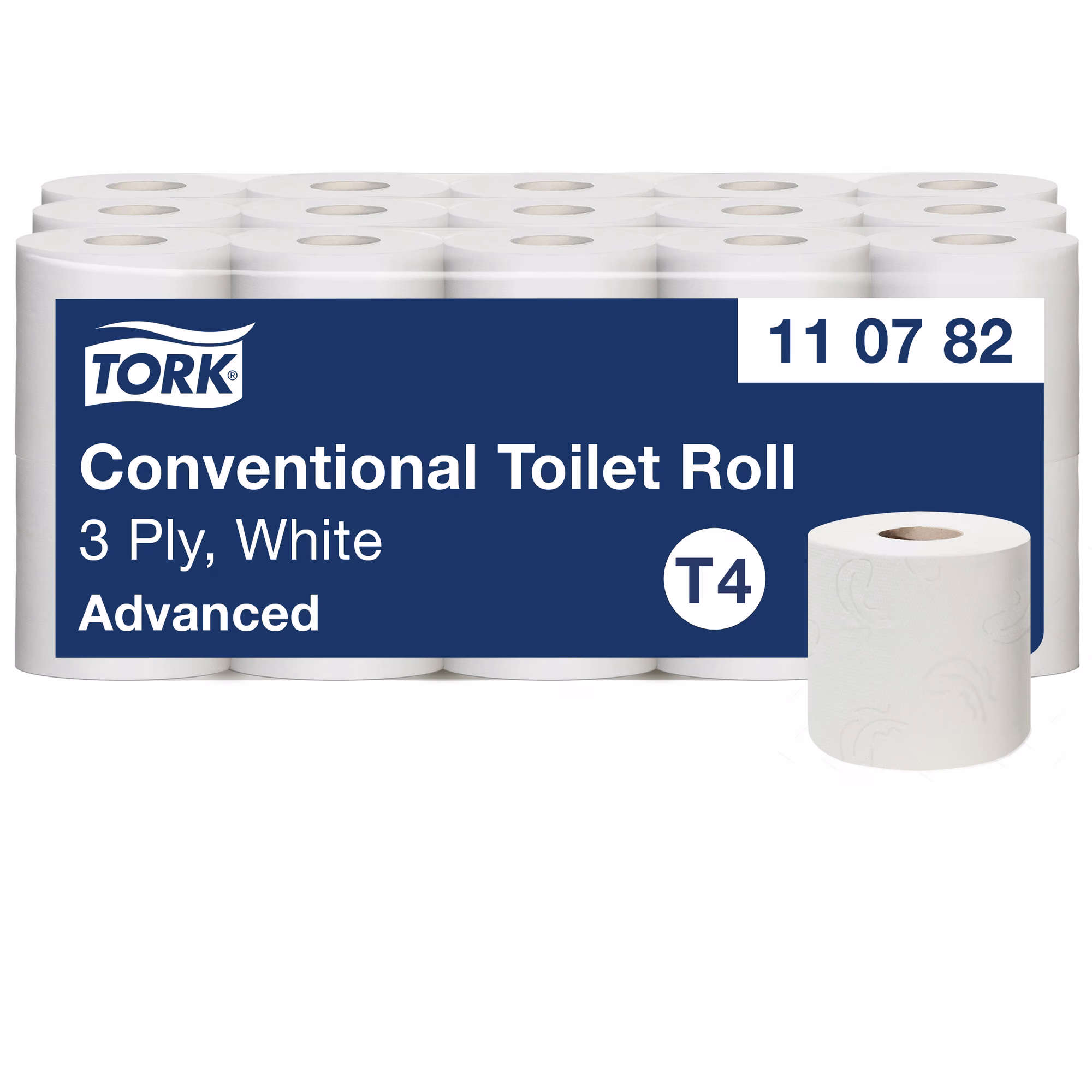 Tork miękki papier toaletowy w rolce konwencjonalnej, pojedyncza biała rolka na tle opakowania zbiorczego
