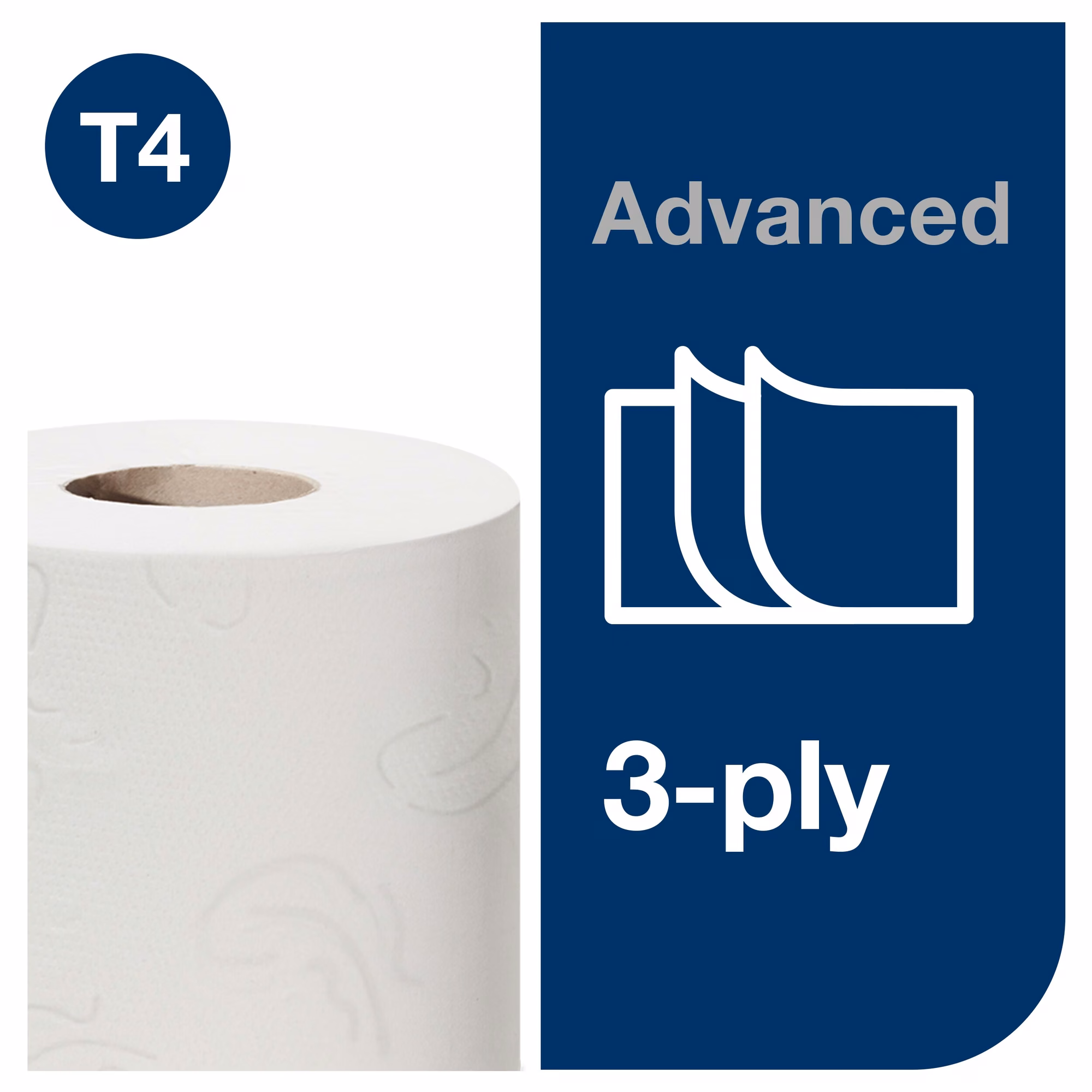 Tork miękki papier toaletowy w rolce konwencjonalnej, zbliżenie na 3 warstwy papieru i system T4 Advanced