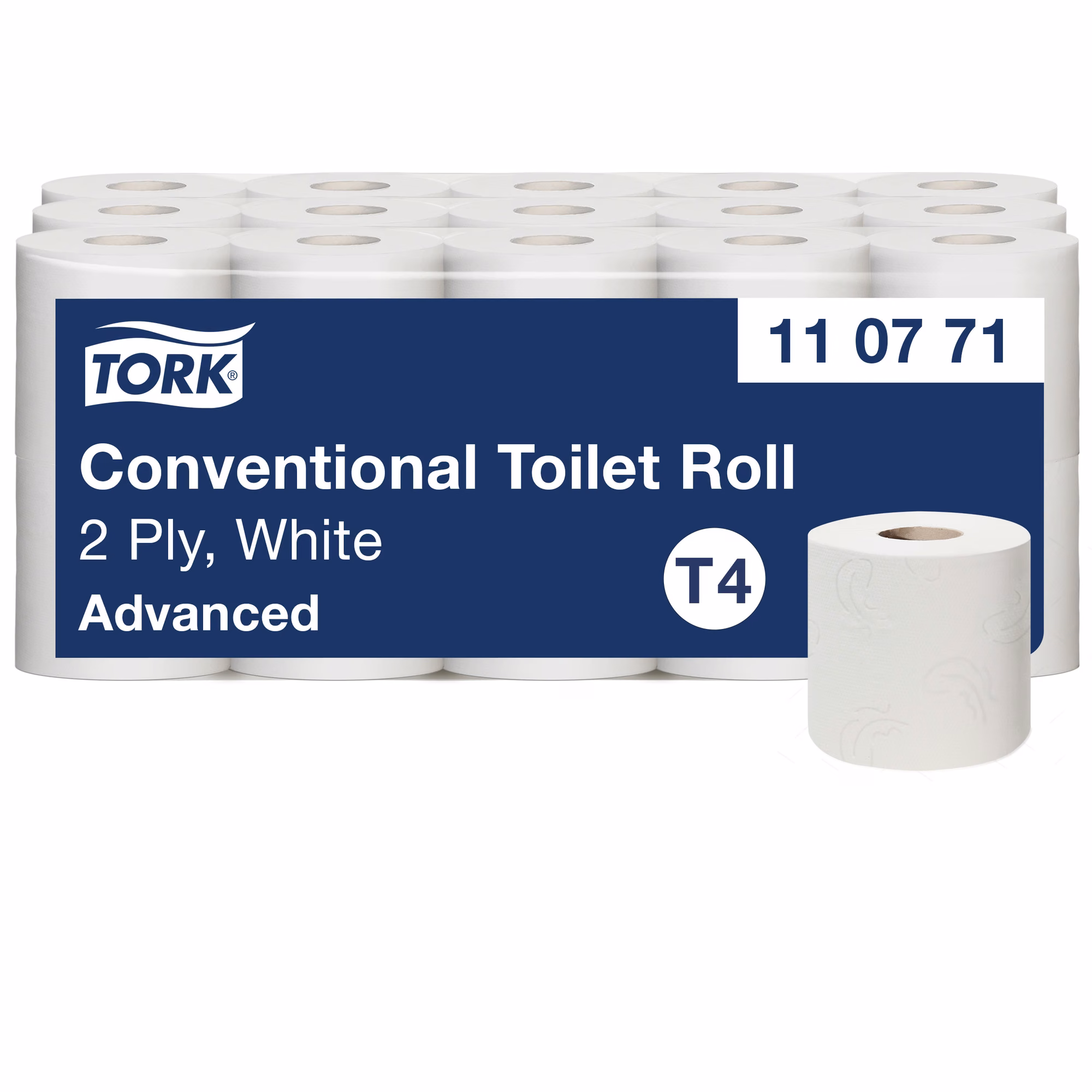 Tork papier toaletowy w rolce konwencjonalnej, biała dwuwarstwowa rolka na tle opakowania