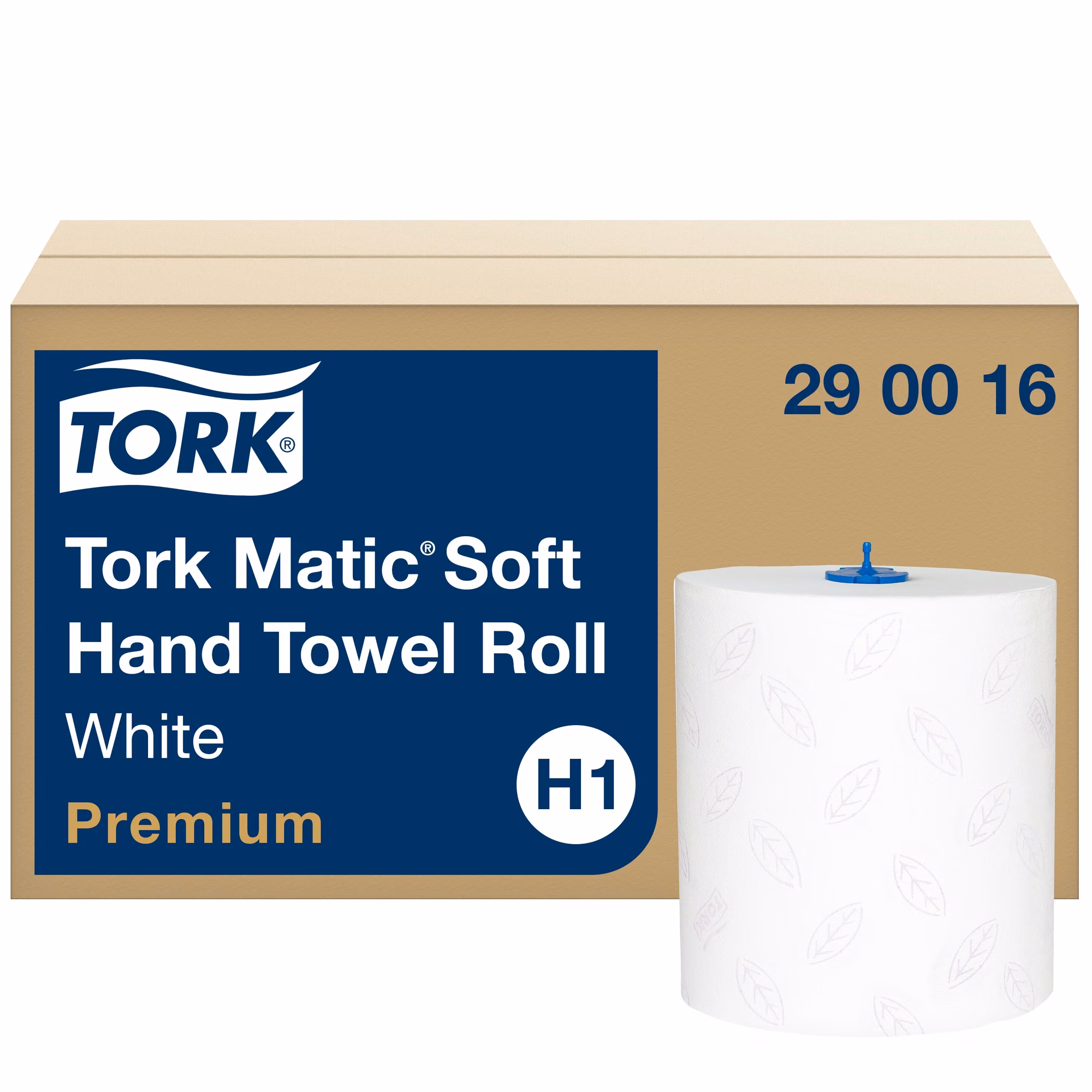 Tork Matic® ekstra miękki ręcznik w roli, zbliżenie na rolkę z tłoczonym wzorem liści i niebieskim rdzeniem