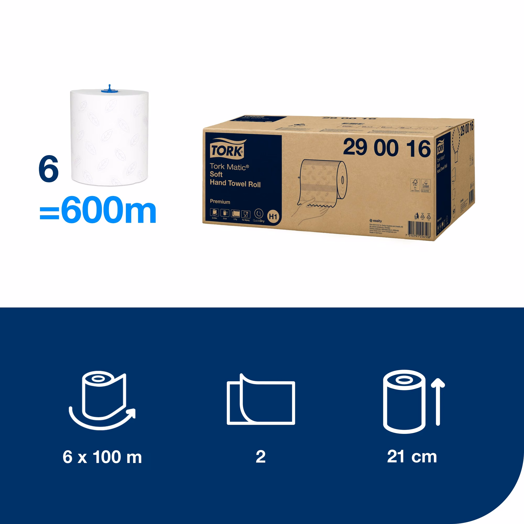 Tork Matic® ekstra miękki ręcznik w roli, specyfikacja techniczna 6 rolek po 100 metrów o szerokości 21 cm