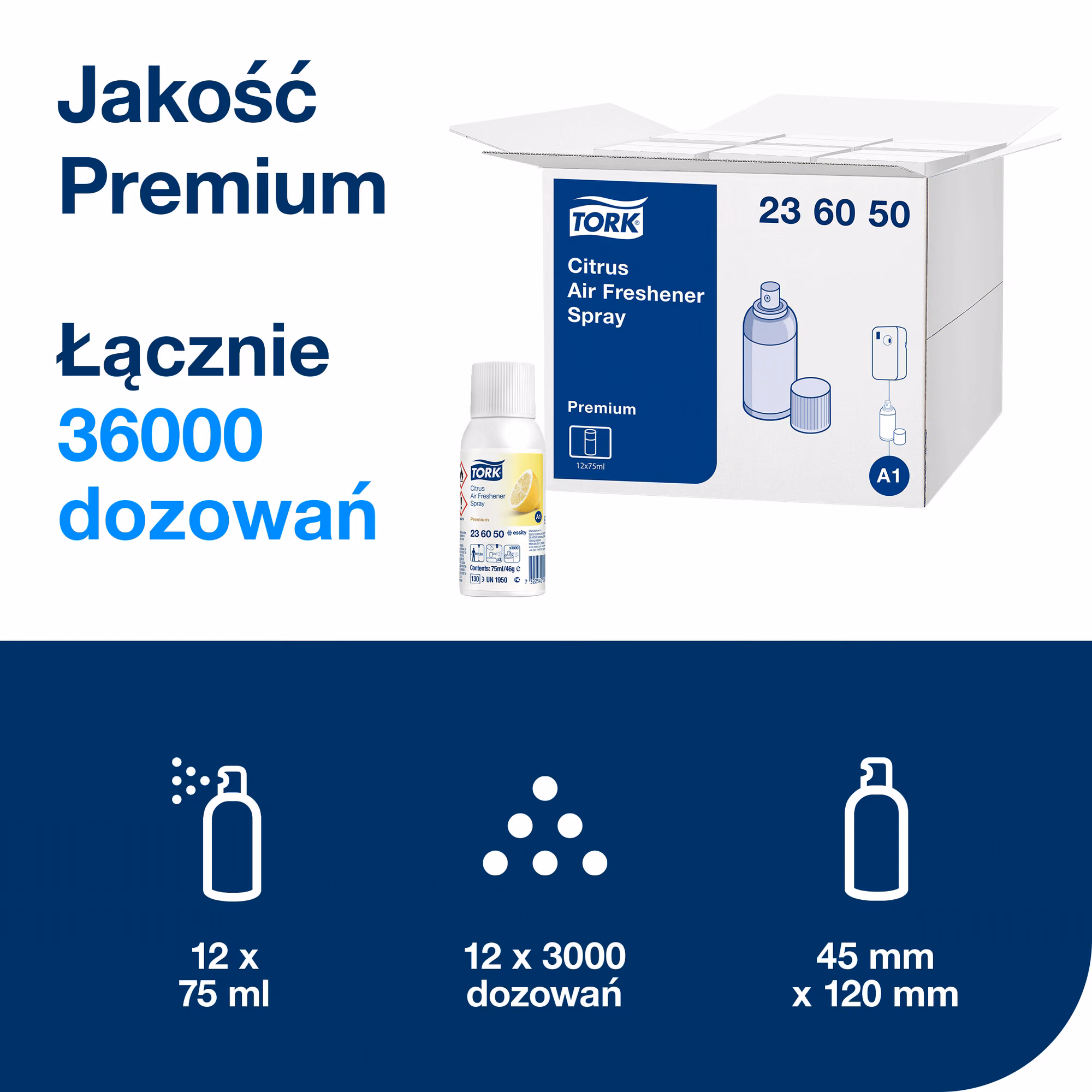 Tork odświeżacz powietrza w sprayu A1 236050, opakowanie zbiorcze 12 sztuk i specyfikacja wydajności wkładu