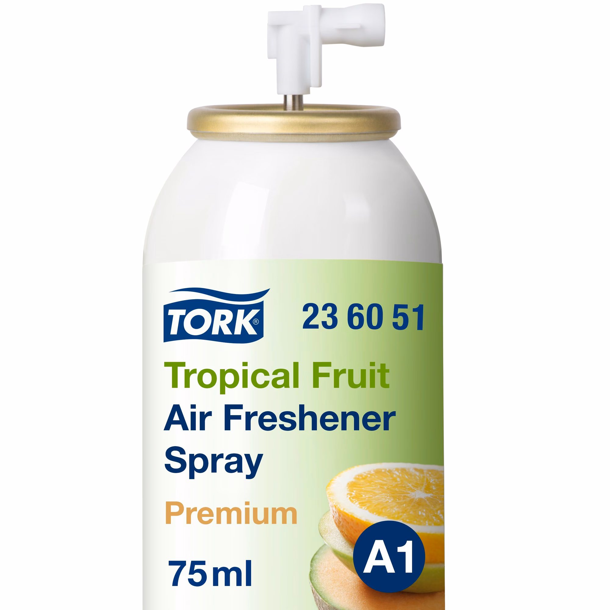 Tork odświeżacz powietrza w sprayu o zapachu owoców tropikalnych, zbliżenie na etykietę Premium A1 z grafiką owoców