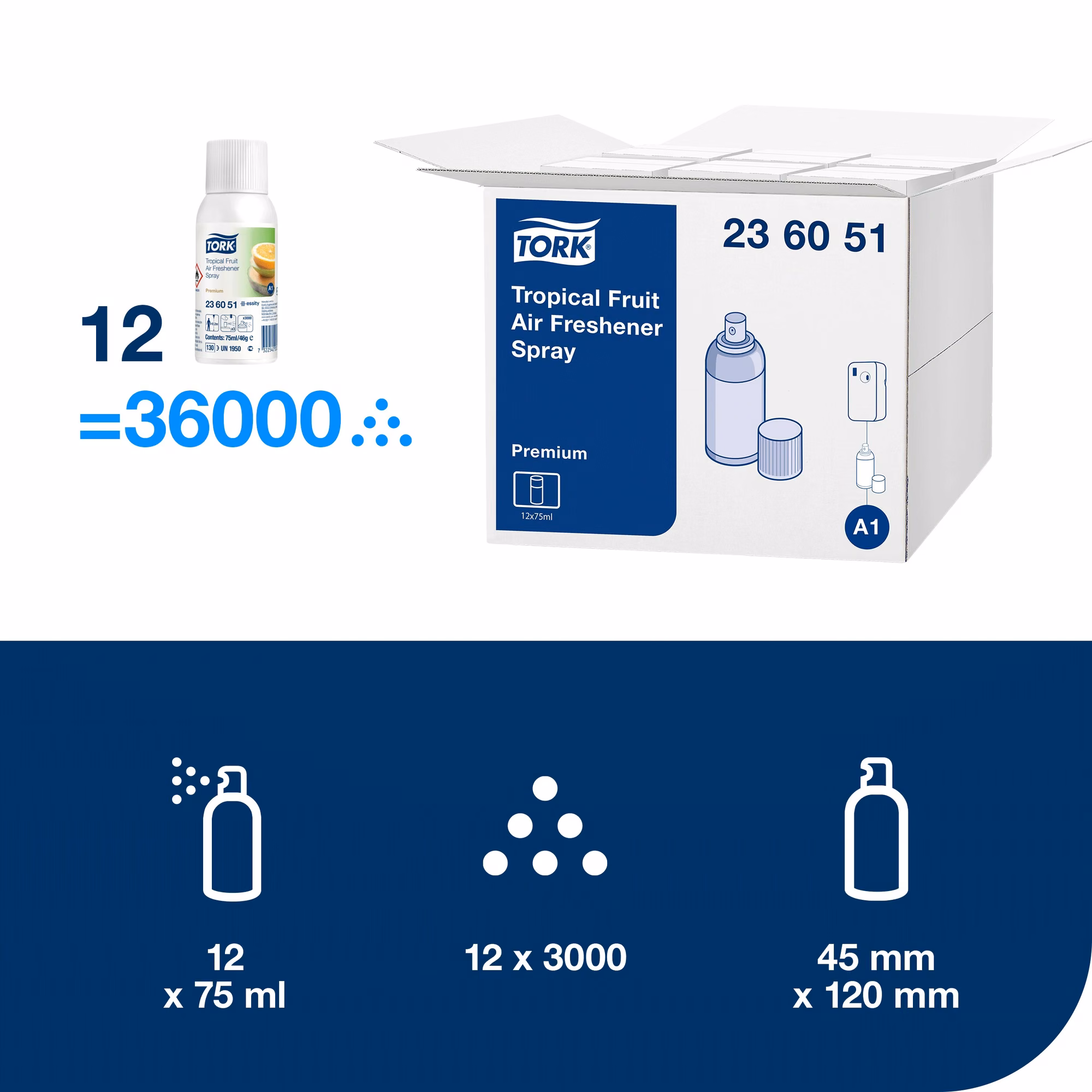 Tork odświeżacz powietrza w sprayu o zapachu owoców tropikalnych, opakowanie zbiorcze 12 sztuk i parametry techniczne