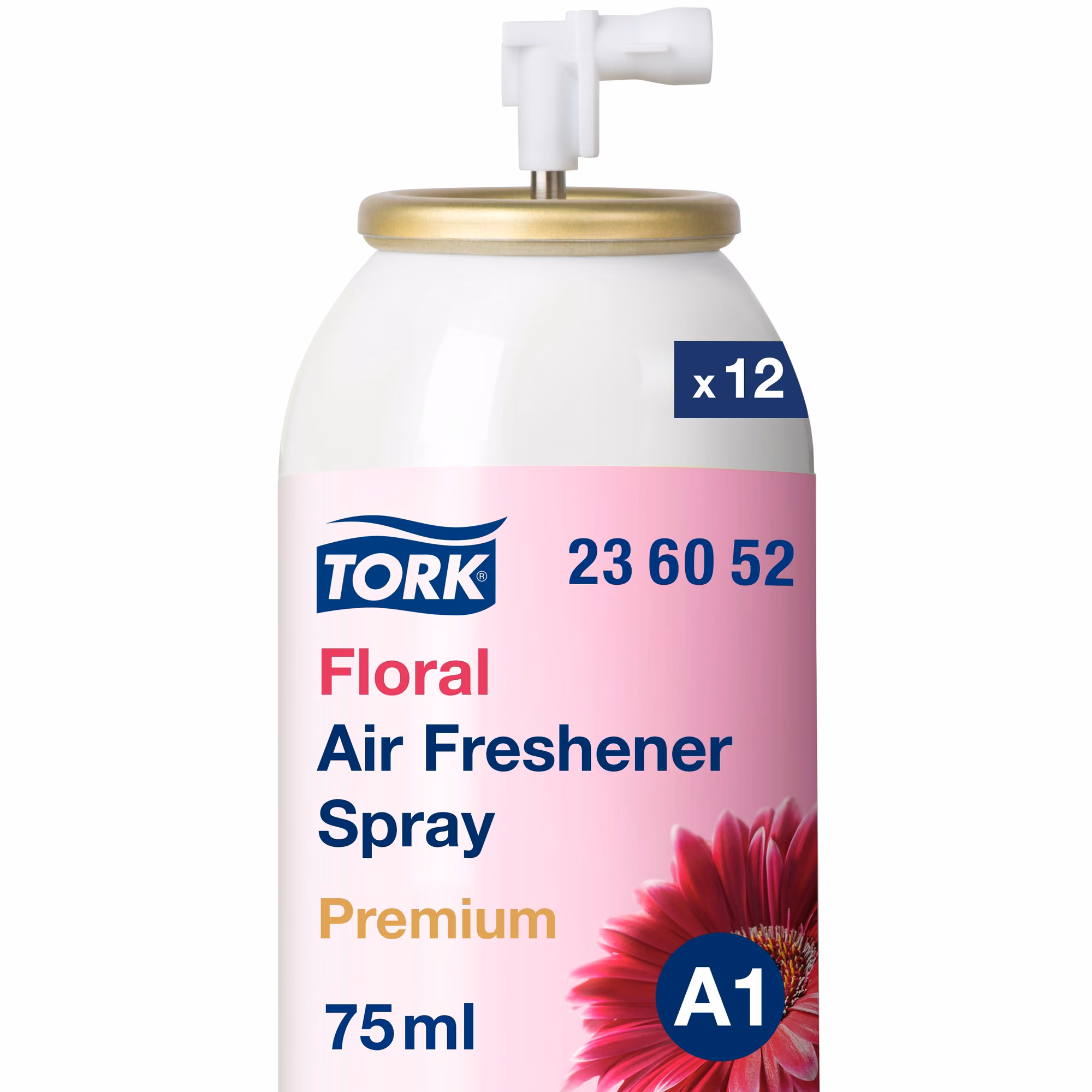 Tork odświeżacz powietrza w sprayu kwiatowy, wkład 75ml z różową etykietą i grafiką gerbery