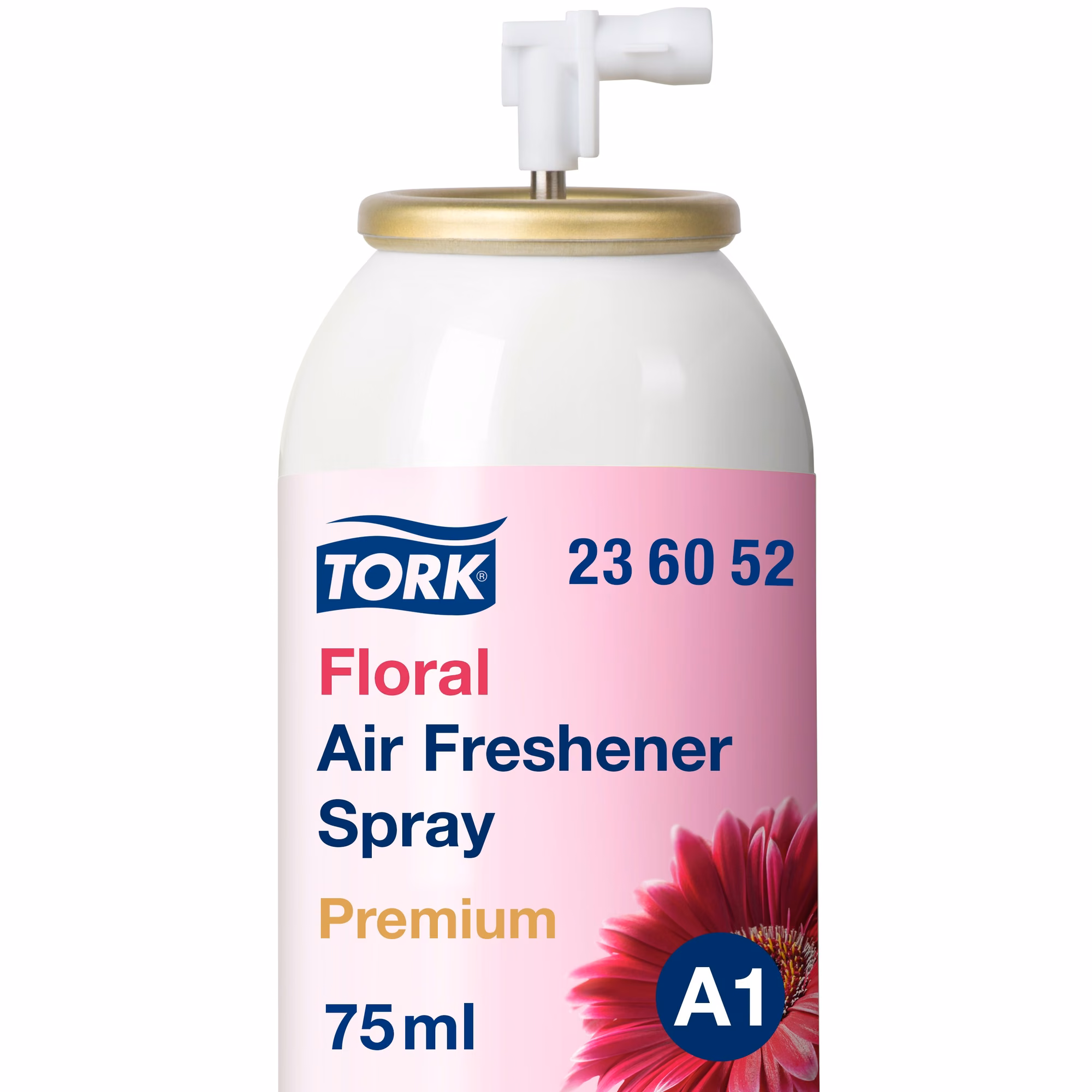 Tork odświeżacz powietrza w sprayu kwiatowy, zbliżenie na białą puszkę z dozownikiem i złotym pierścieniem
