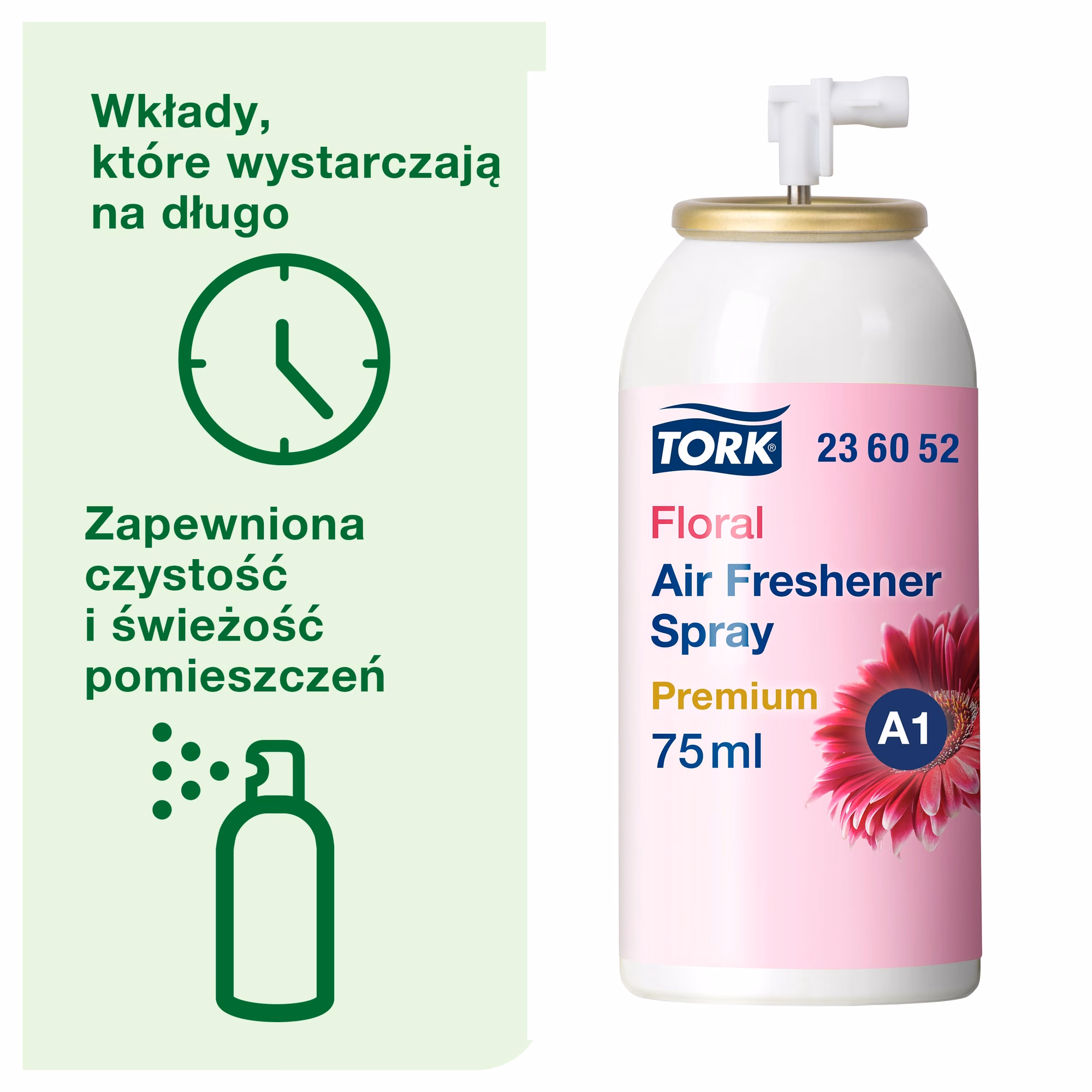 Tork odświeżacz powietrza w sprayu kwiatowy, infografika o długotrwałej świeżości i czystości pomieszczeń