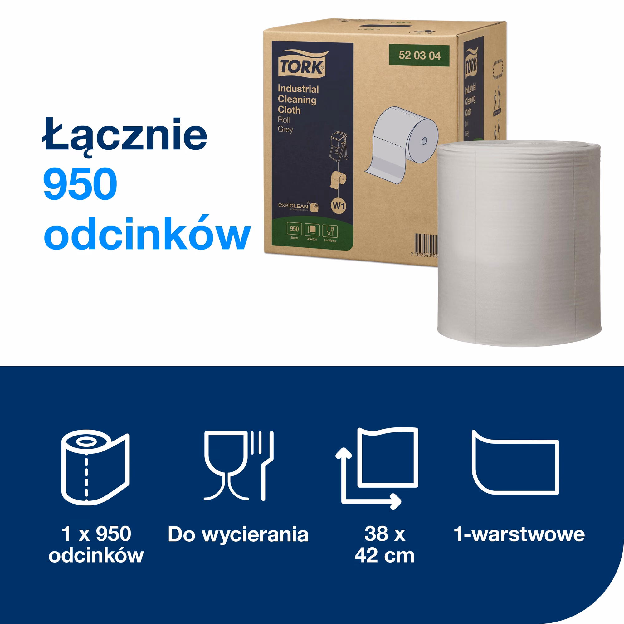 Czyściwo przemysłowe Tork W1, specyfikacja techniczna 950 odcinków o wymiarach 38x42 cm