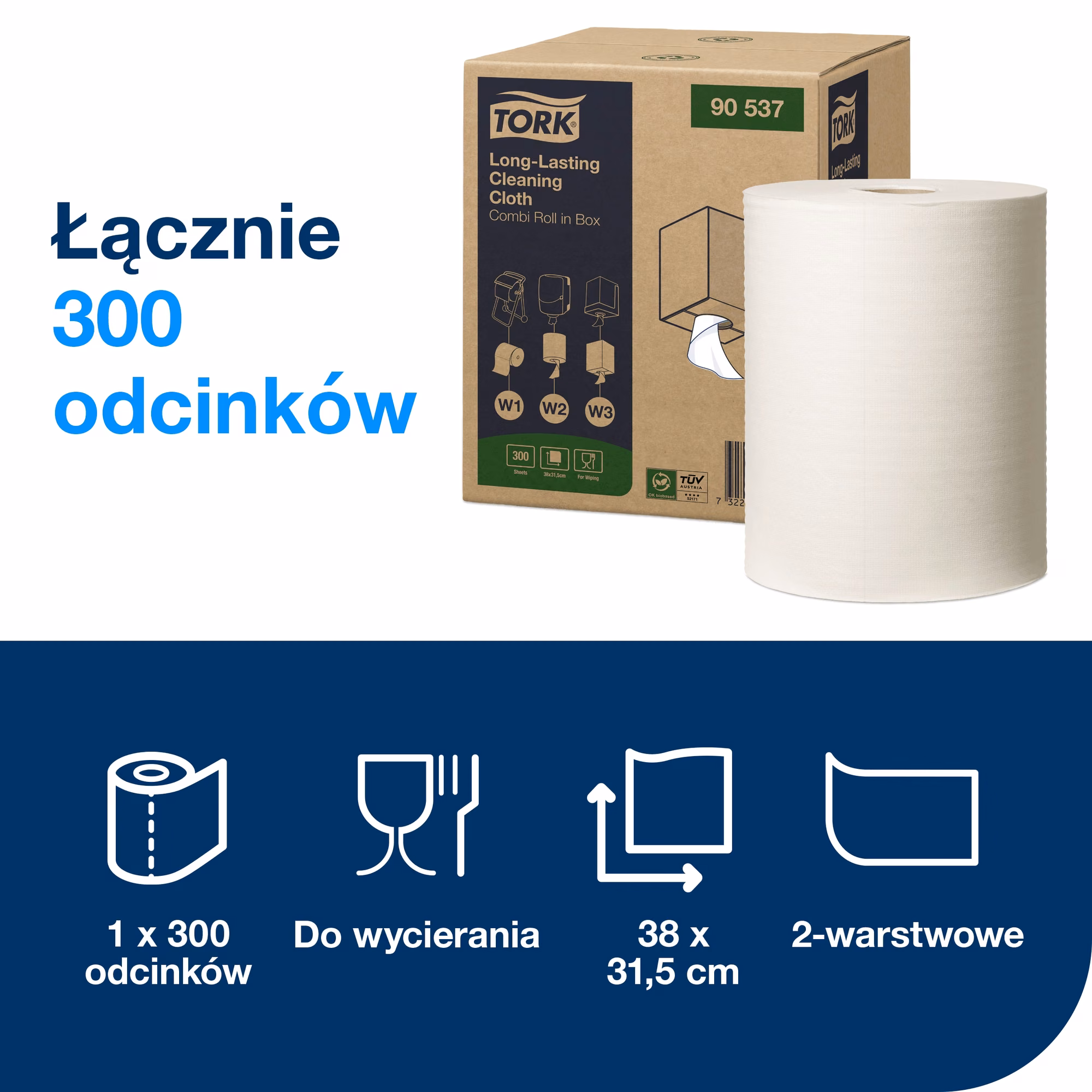 Trwałe ściereczki w rolce Tork 90537, specyfikacja: 300 odcinków, wymiary 38x31,5 cm, 2 warstwy