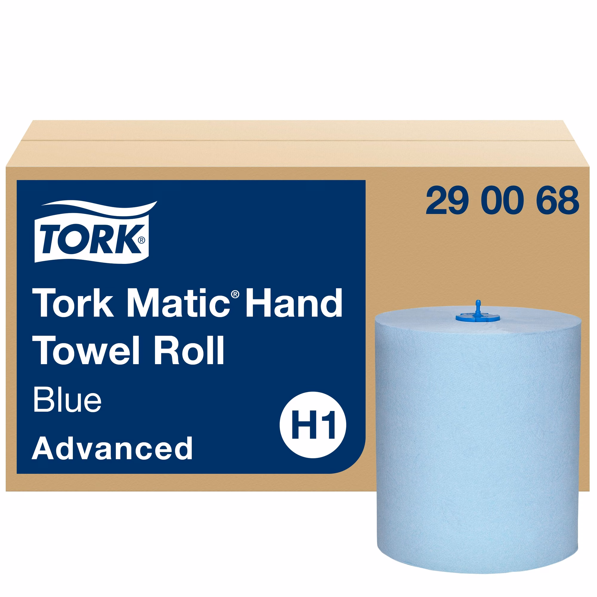 Tork Matic® niebieski ręcznik w roli H1, zbliżenie na karton zbiorczy z oznaczeniem 150m i systemem H1
