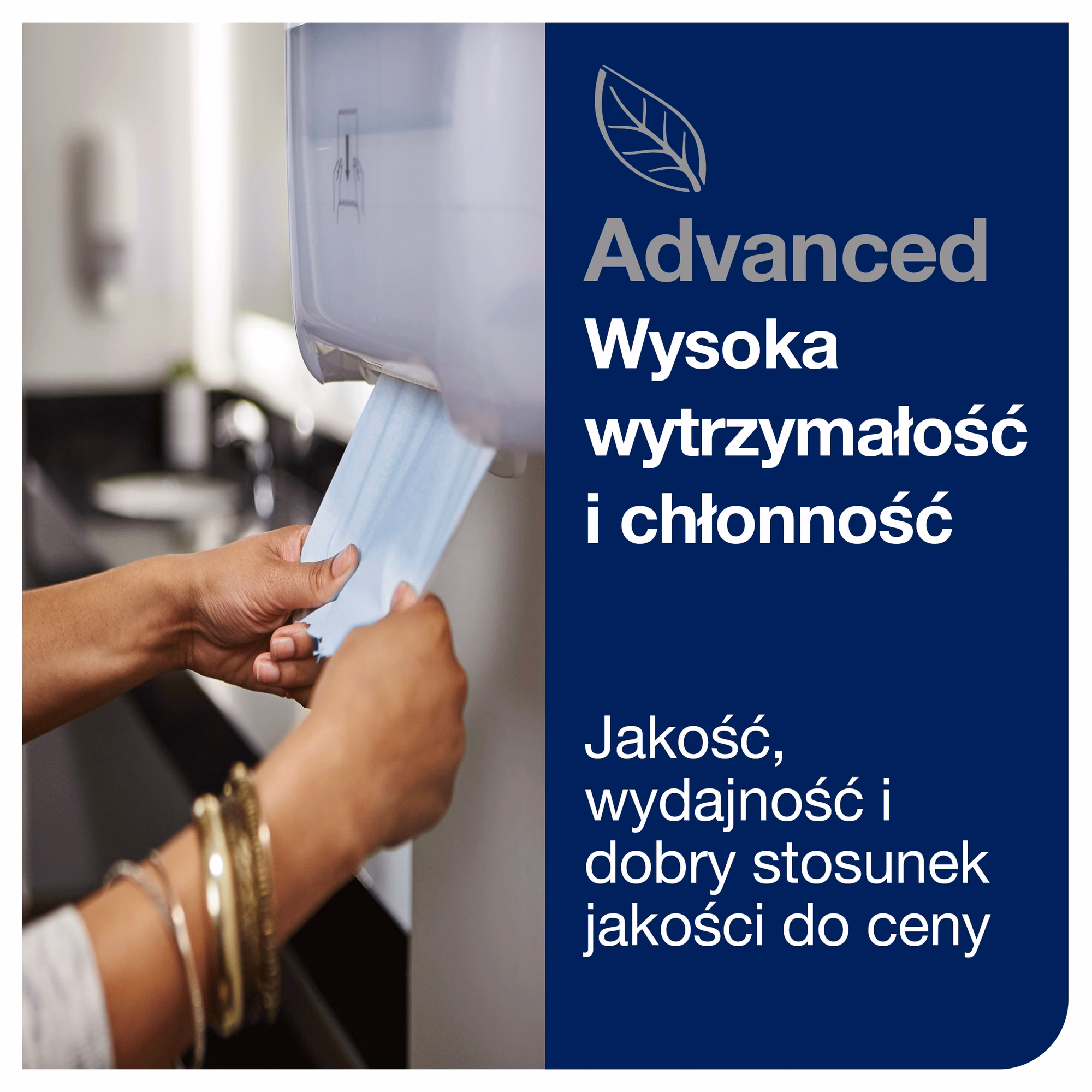 Tork Matic® niebieski ręcznik w roli H1, pobieranie niebieskiego czyściwa z białego dozownika ściennego