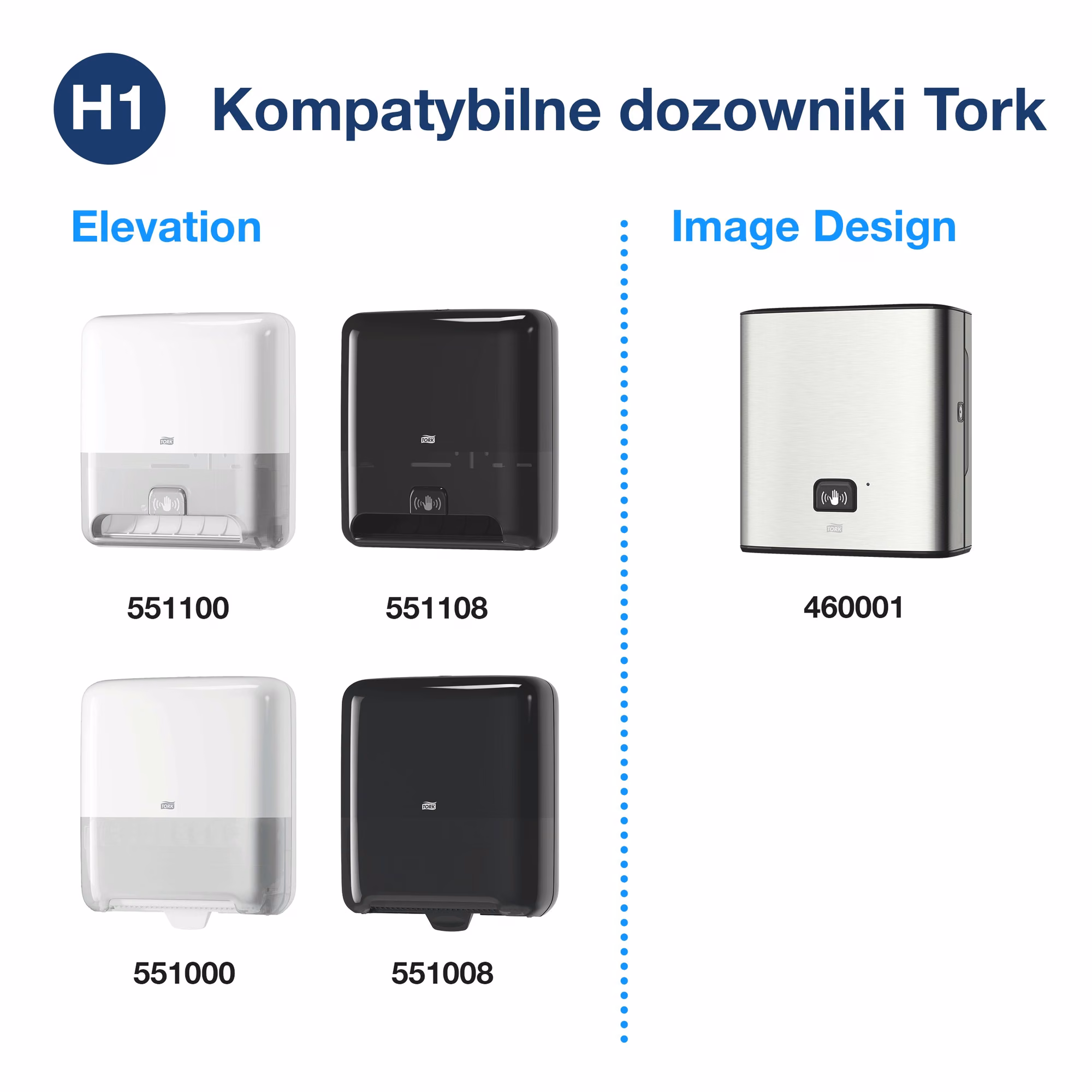 Tork Matic® niebieski ręcznik w roli H1, zestawienie kompatybilnych dozowników z serii Elevation oraz Image Design