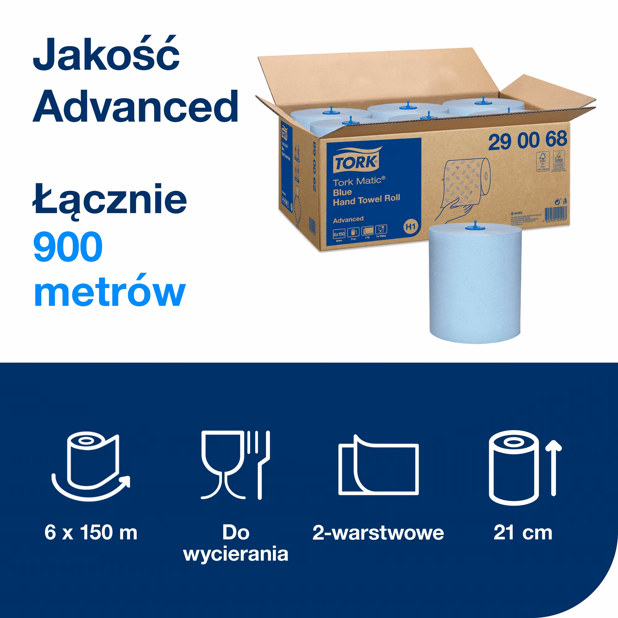 Tork Matic® niebieski ręcznik w roli H1, otwarty karton z 6 rolkami i piktogramy parametrów technicznych