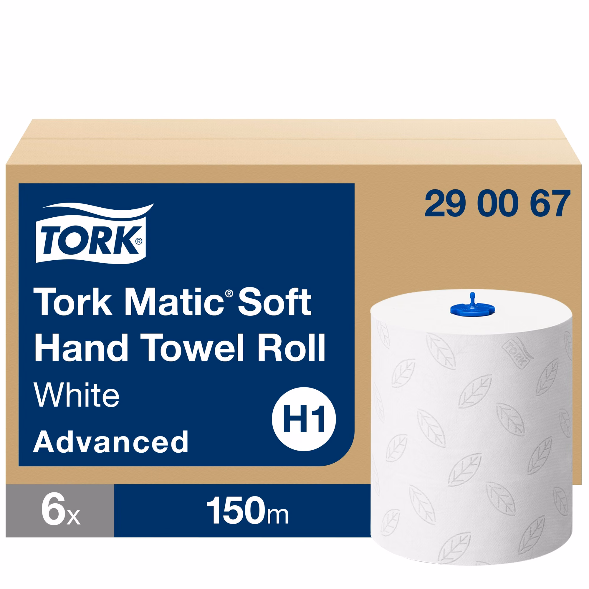 Tork Matic® miękki ręcznik w roli 290067, biała rolka z dekorem liścia na tle opakowania zbiorczego