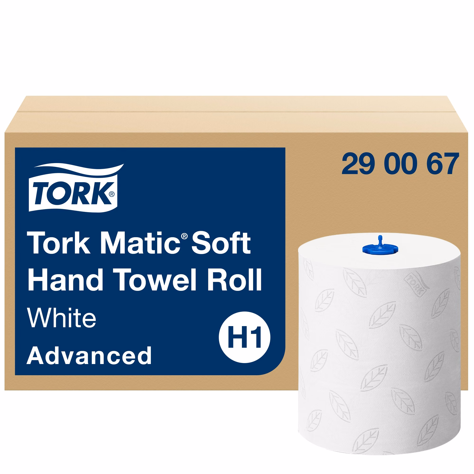 Tork Matic® miękki ręcznik w roli H1, zbliżenie na rolkę z niebieskim trzpieniem i wzorem szarego listka