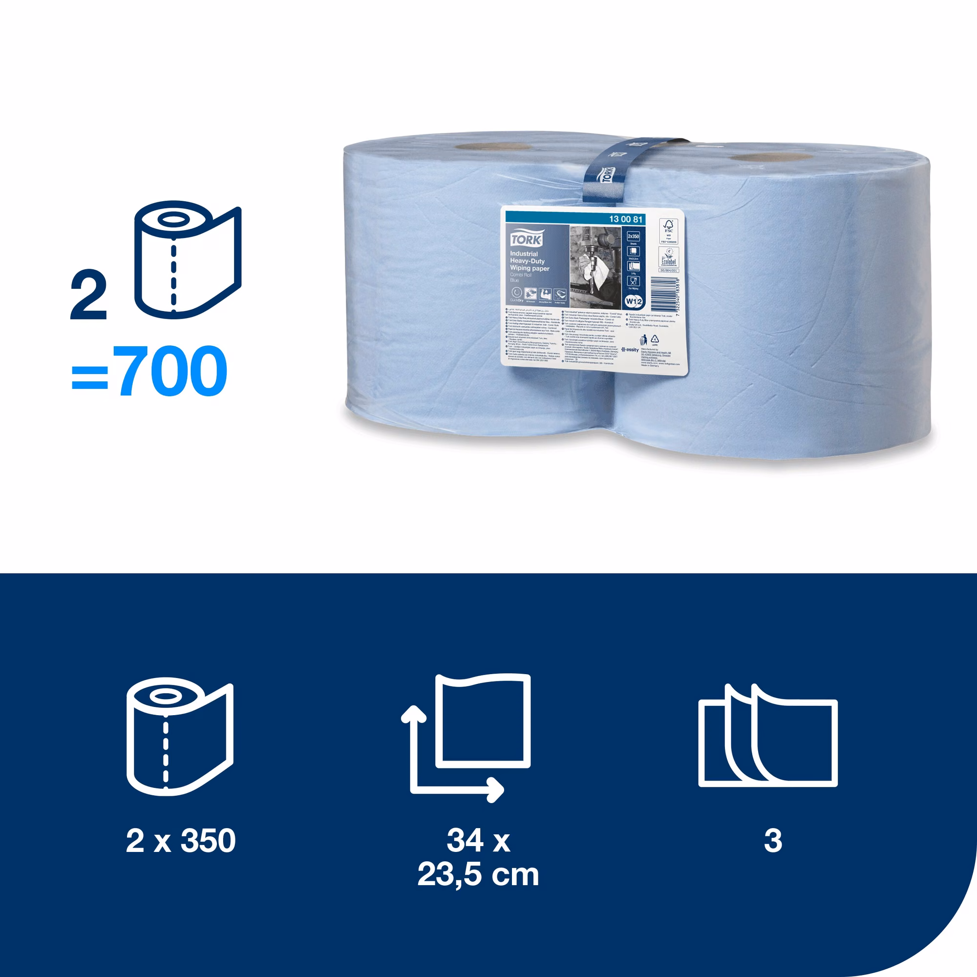 Tork czyściwo papierowe do trudnych zabrudzeń, specyfikacja techniczna 2 rolki po 350 listków o wymiarach 34x23,5 cm