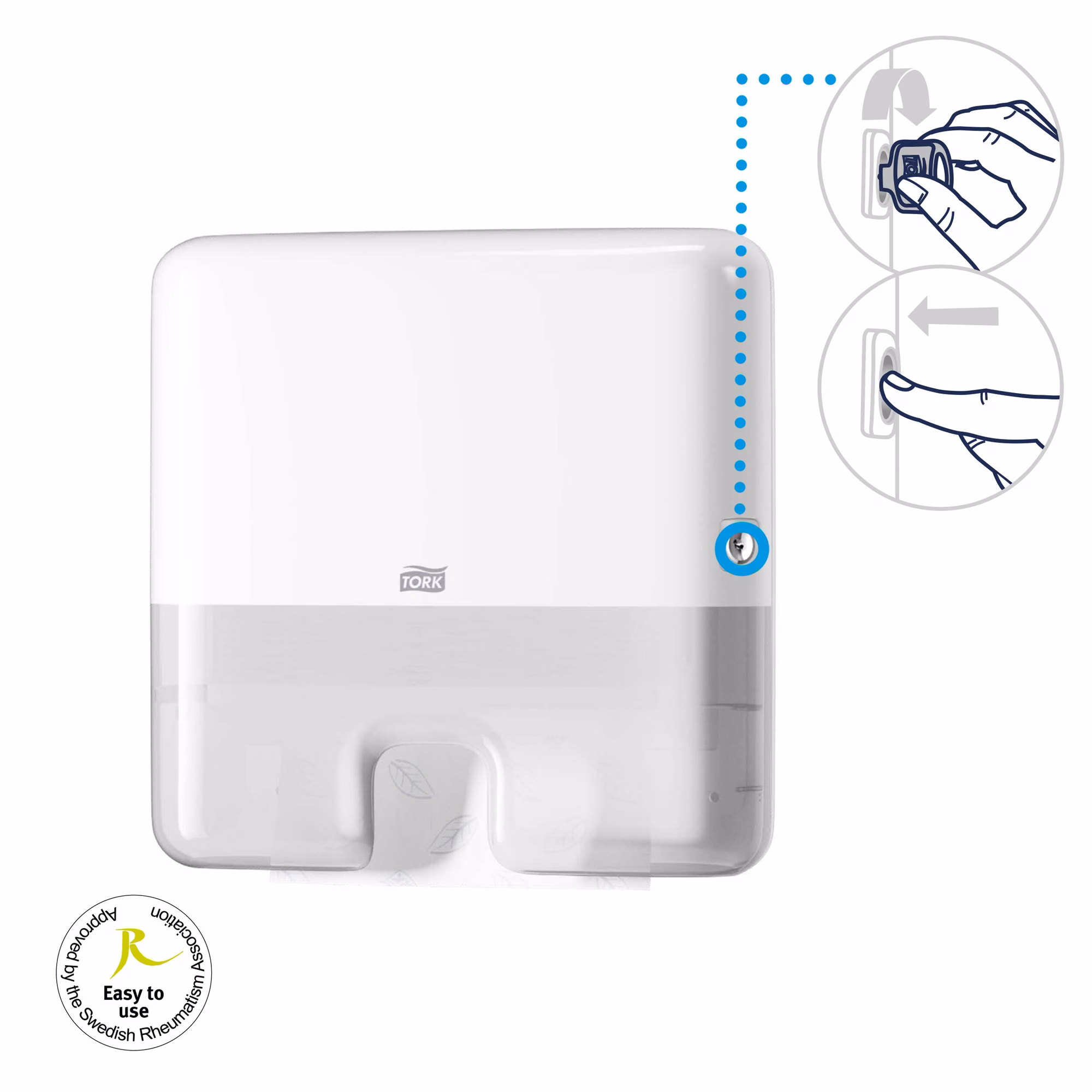 Tork Xpress® mini dozownik do ręczników, instrukcja otwierania kluczykiem i certyfikat Easy to use
