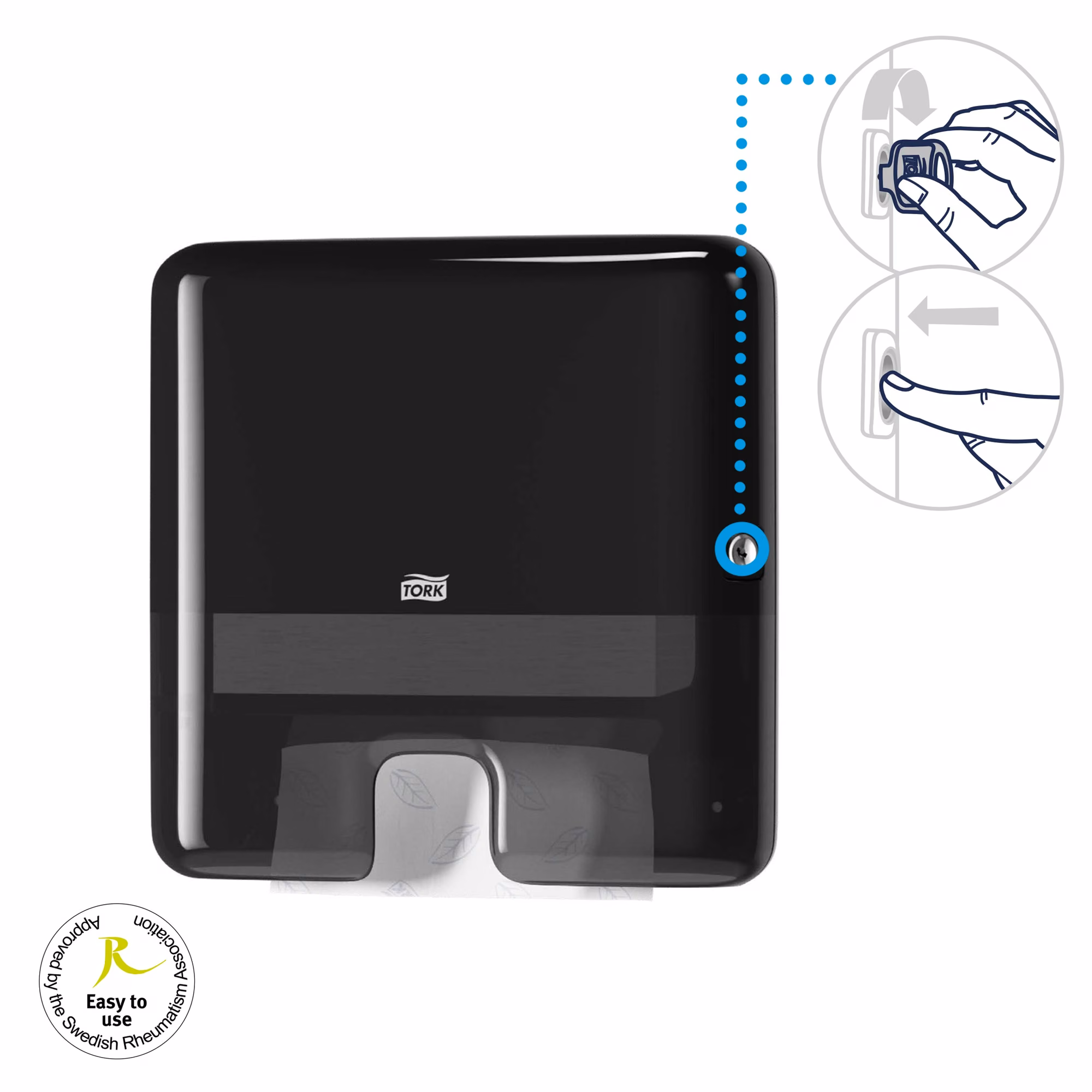 Tork Xpress® mini dozownik do ręczników, instrukcja otwierania kluczykiem i certyfikat Easy to use