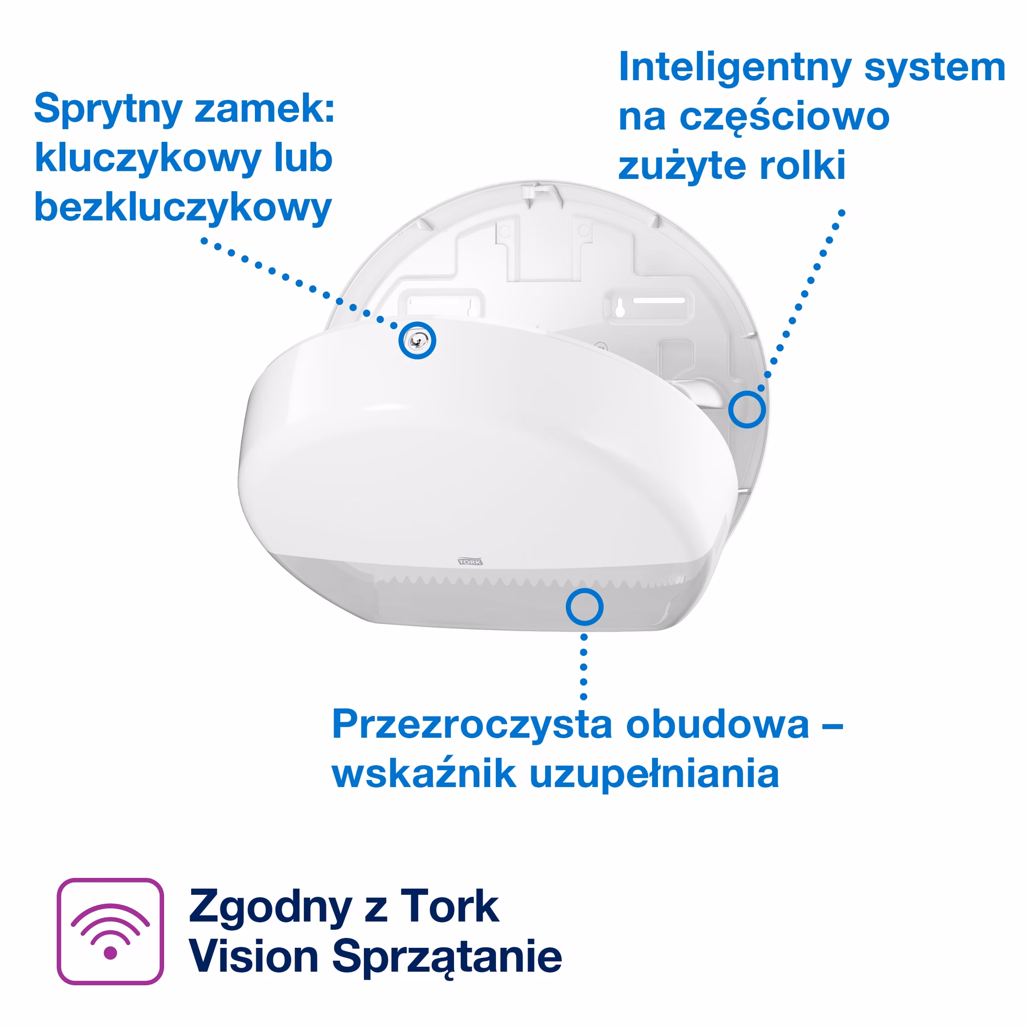 Dozownik na papier toaletowy Tork mini jumbo, schemat z zamkiem i przezroczystym wskaźnikiem poziomu papieru