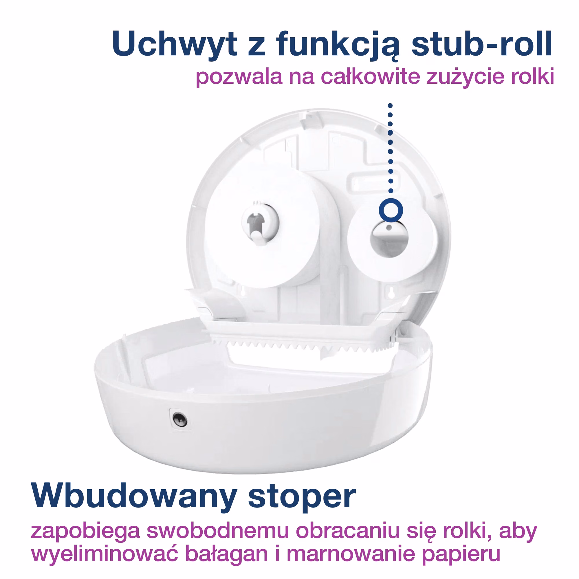 Dozownik na papier toaletowy Tork mini jumbo, otwarte wnętrze z funkcją stub-roll i wbudowanym stoperem