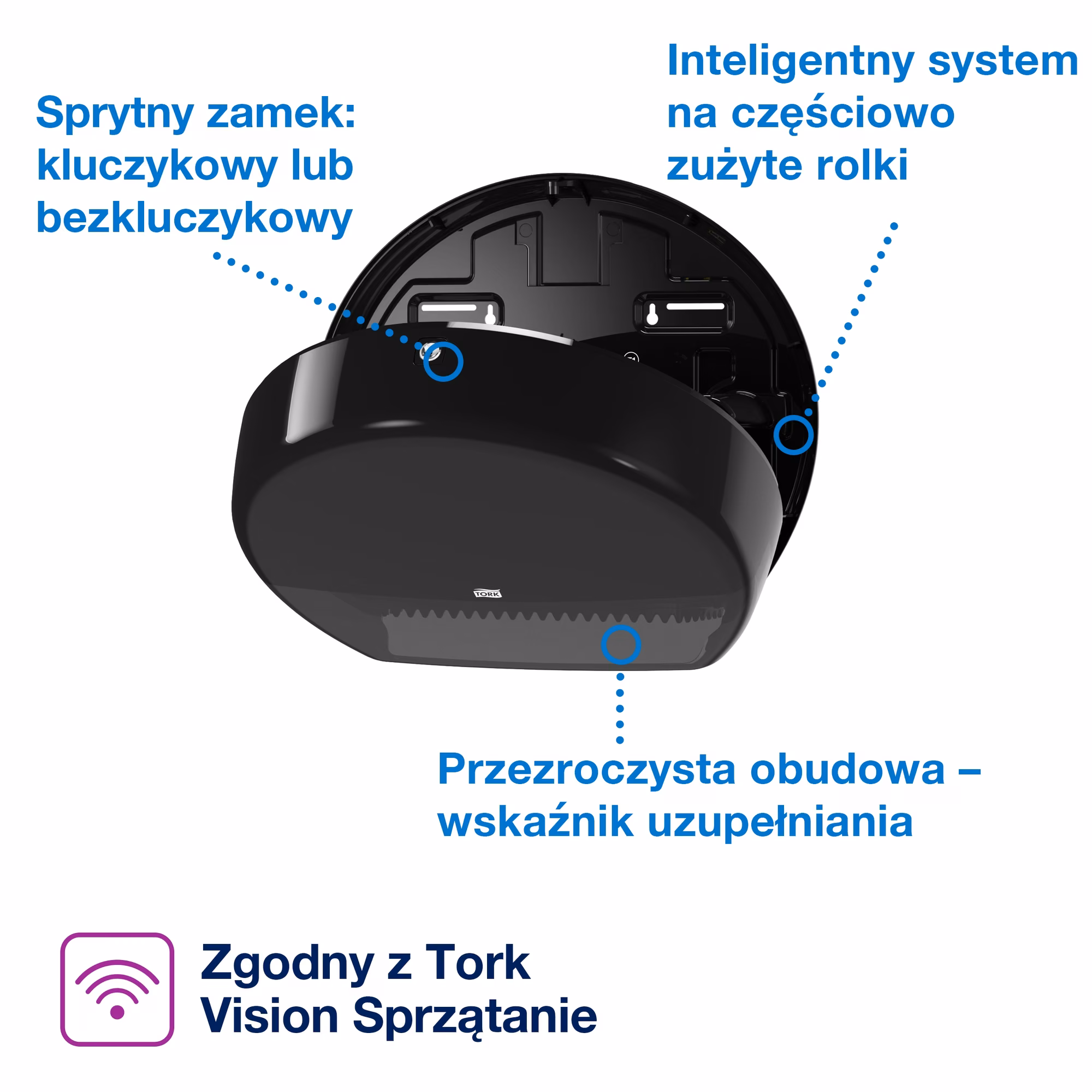 Dozownik na papier toaletowy Tork mini jumbo, schemat z zamkiem, wskaźnikiem zużycia i systemem Vision Sprzątanie