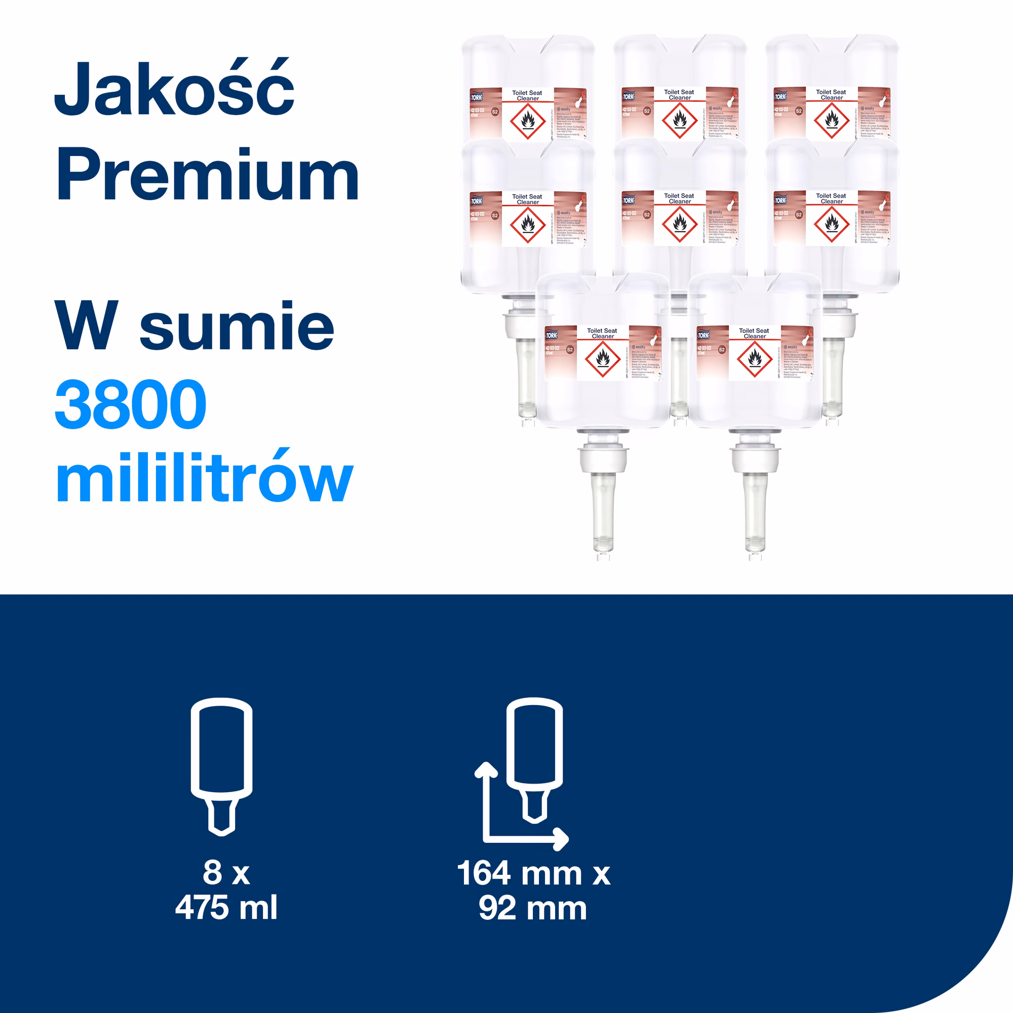 Tork płyn do czyszczenia deski sedesowej, zestaw 8 wkładów o łącznej pojemności 3800 ml i wymiary produktu
