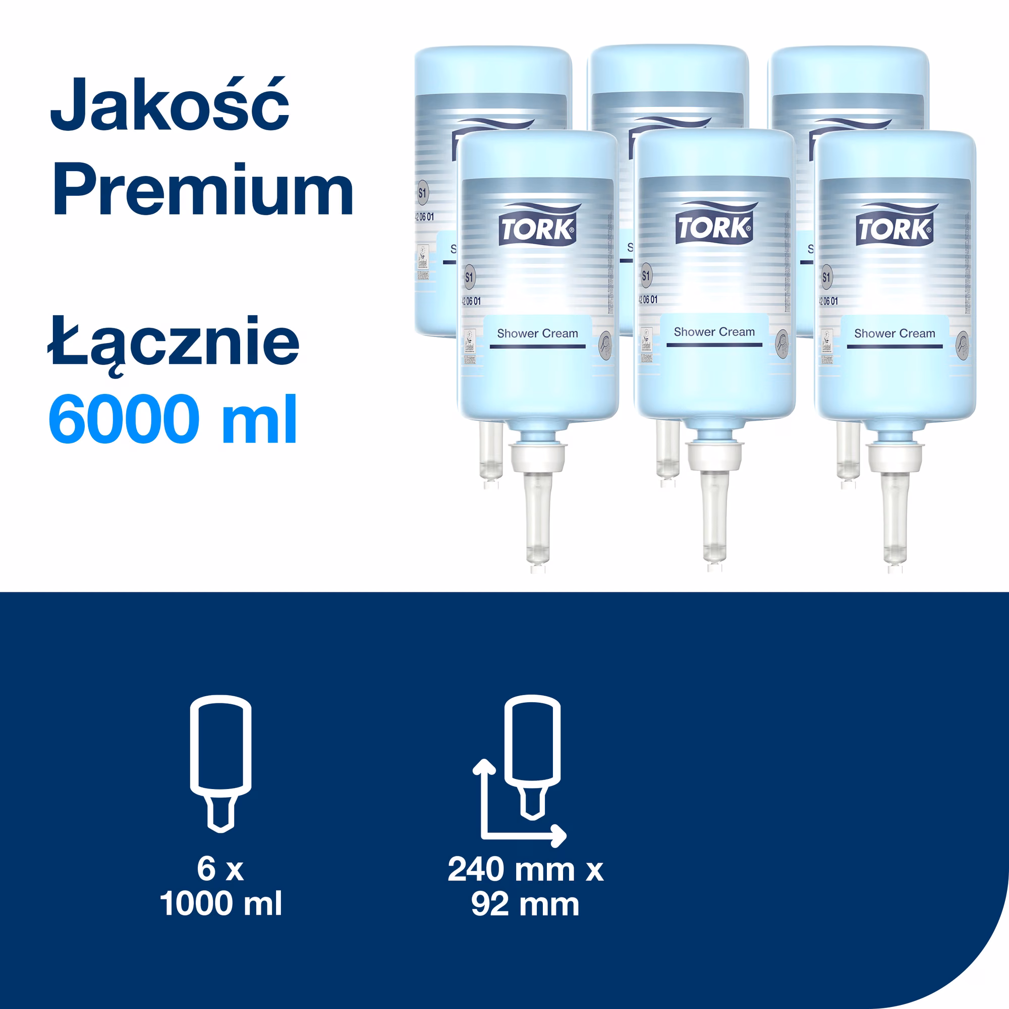 Tork kremowy żel pod prysznic S1, grafika przedstawiająca 6 wkładów o łącznej pojemności 6000 ml