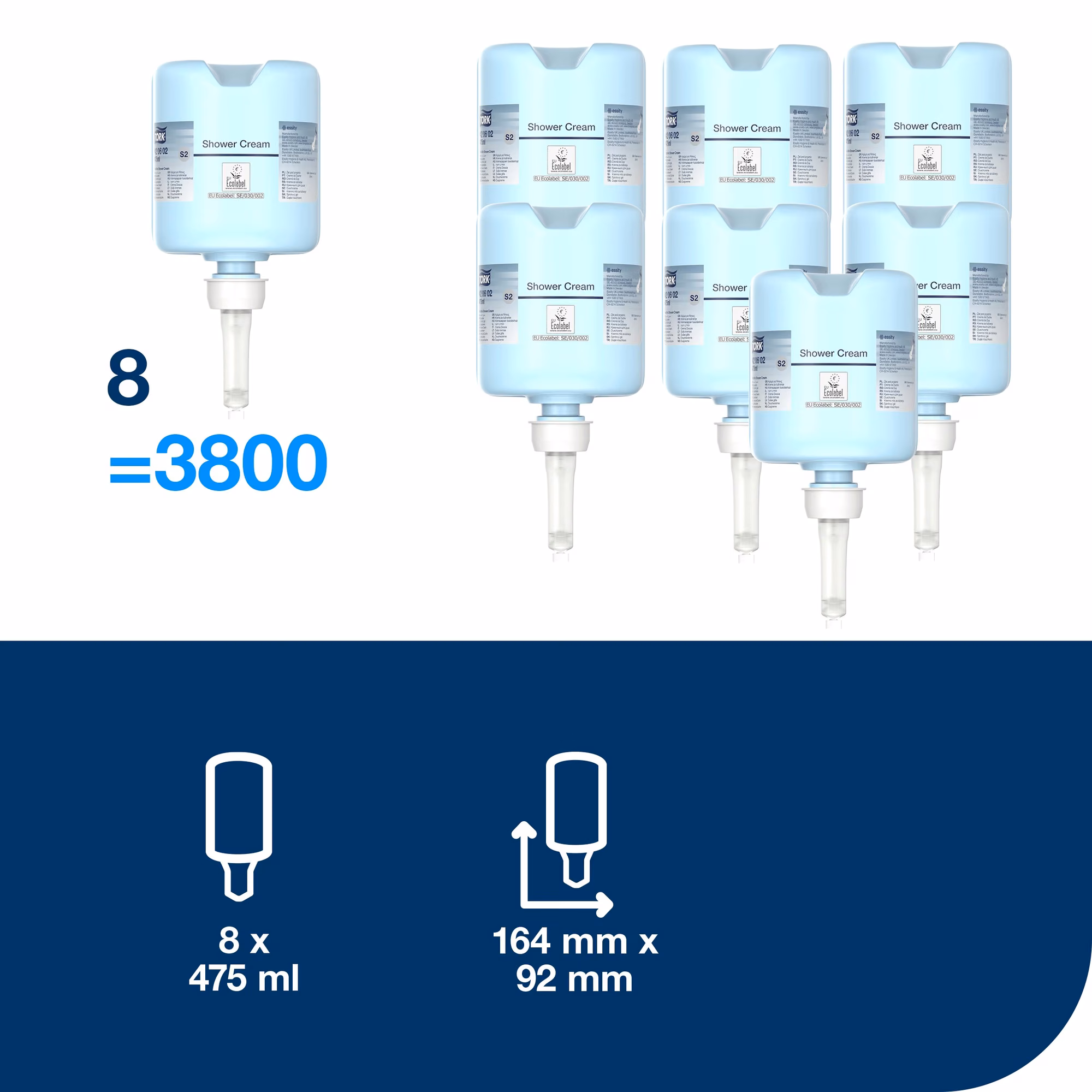 Tork Mini kremowy żel pod prysznic, wymiary wkładu 164x92 mm oraz informacja o wydajności 8 sztuk