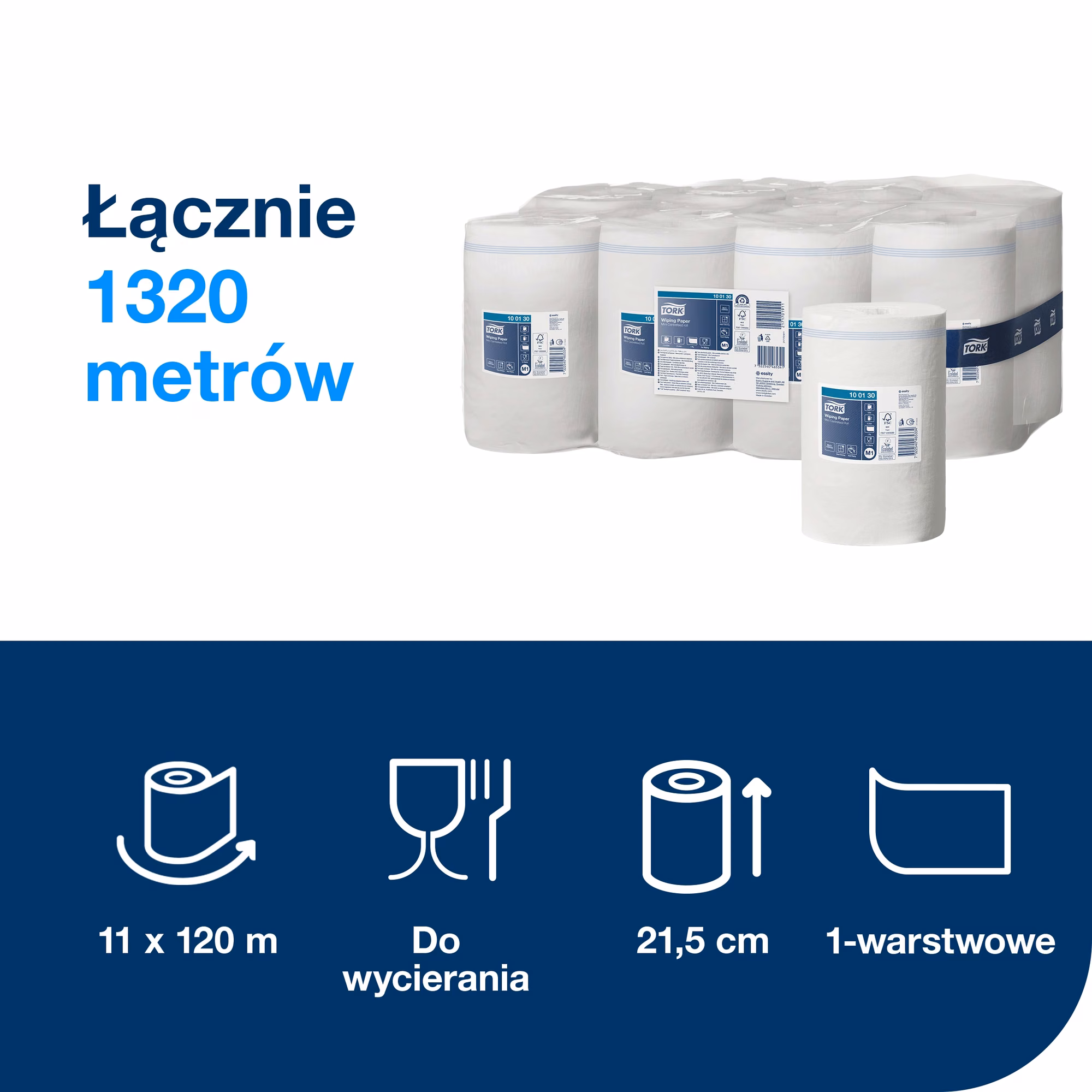 Czyściwo papierowe Tork M1, specyfikacja techniczna 1320 metrów i ikony właściwości produktu