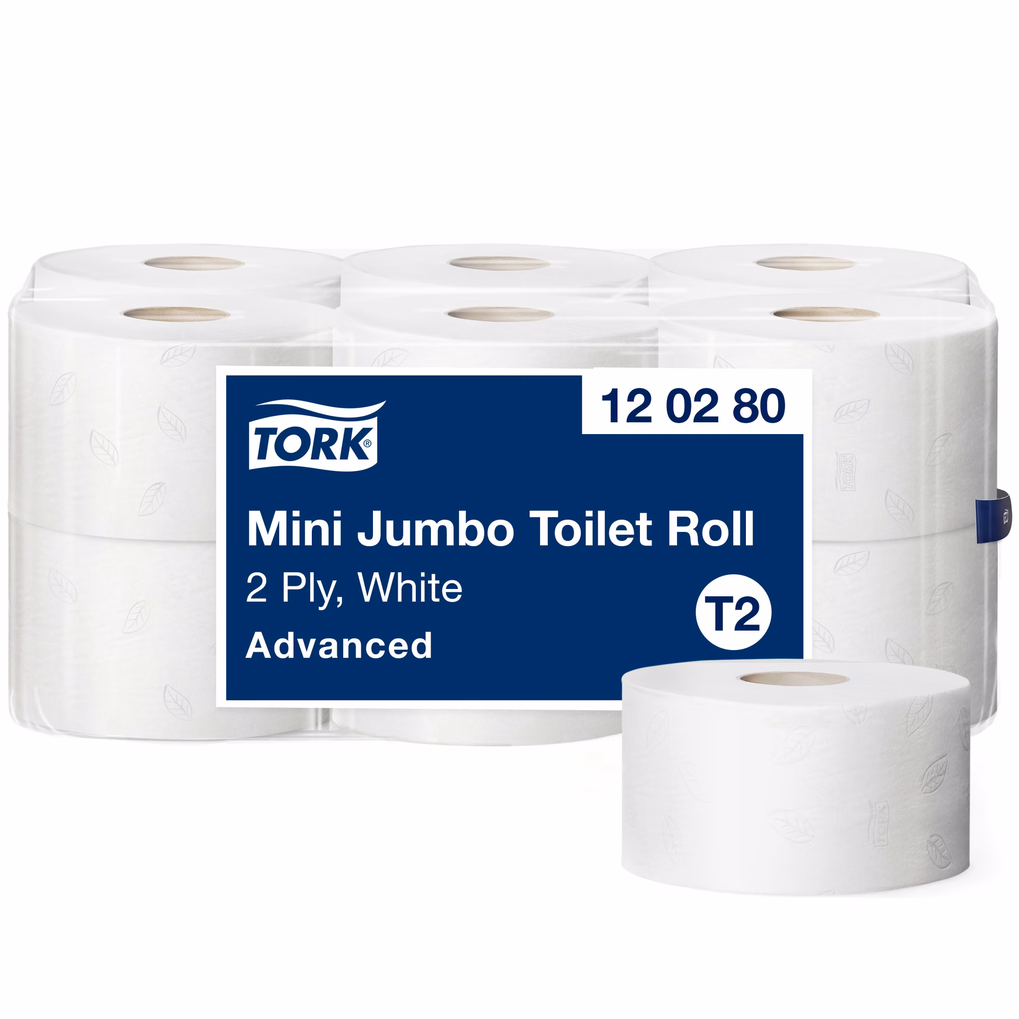 Papier toaletowy Tork Mini Jumbo T2, białe rolki w folii ochronnej z etykietą Advanced