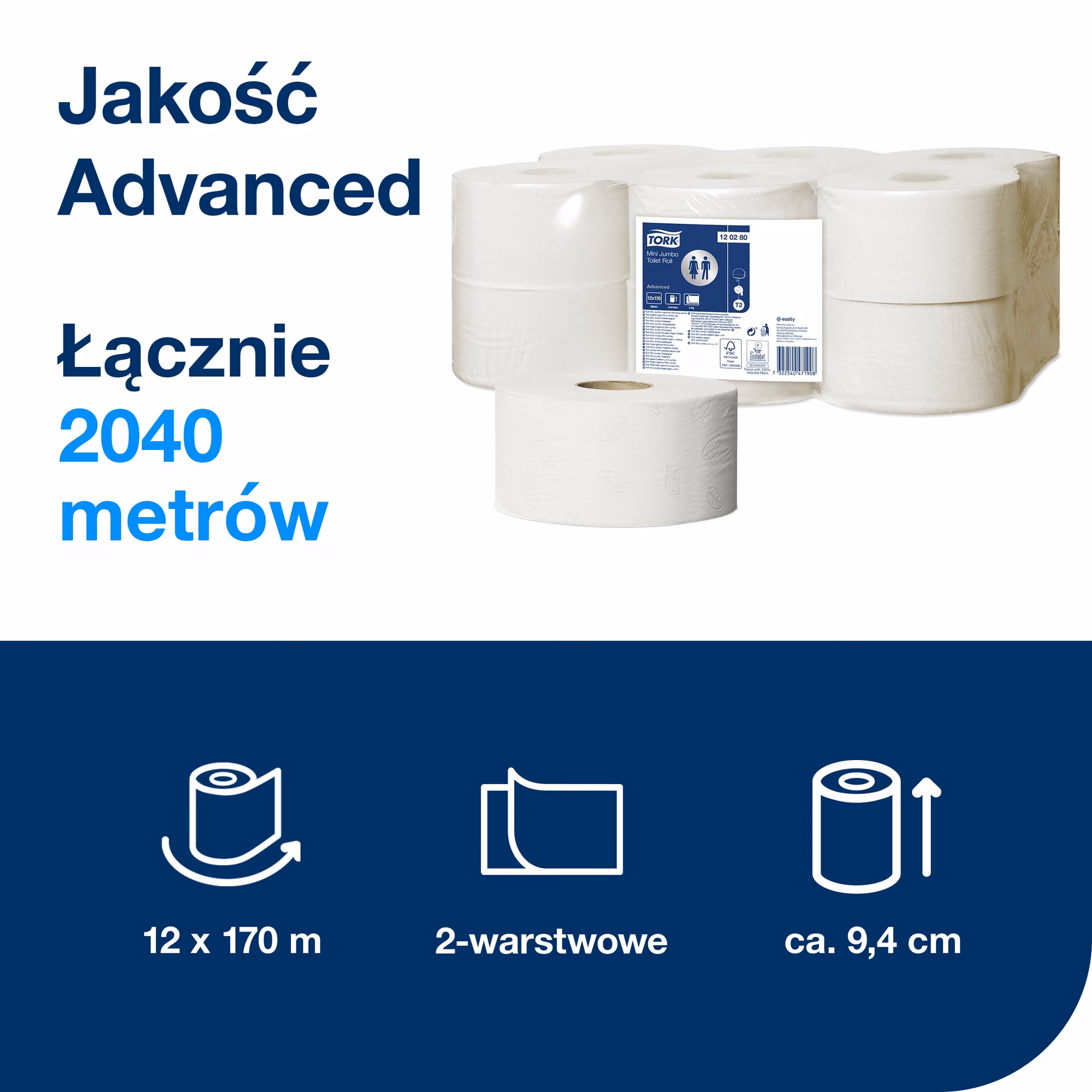 Papier toaletowy Tork Mini Jumbo T2, infografika pokazująca 2040 metrów papieru w opakowaniu
