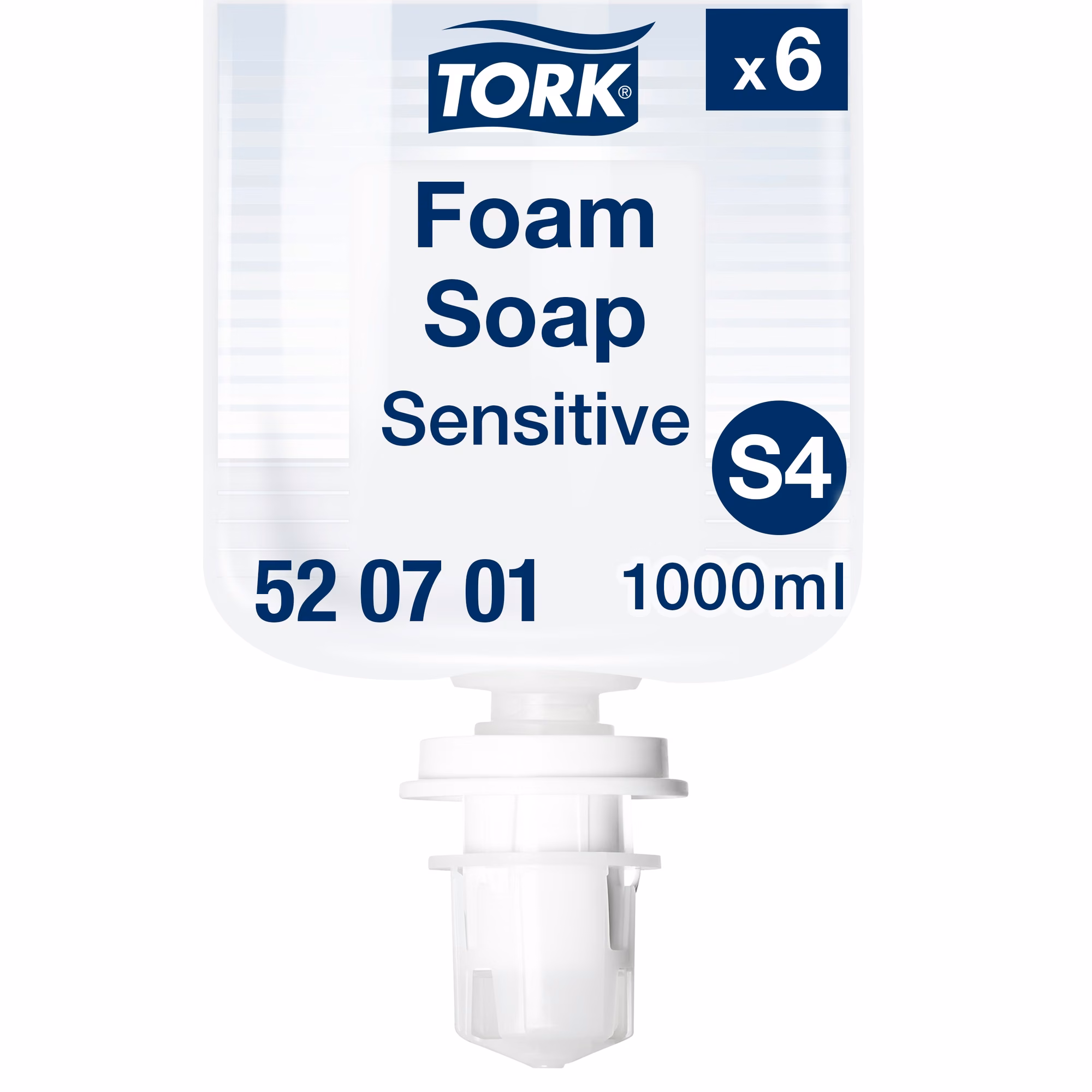 Tork łagodne mydło w pianie do rąk S4 520701, wkład 1000 ml z widocznym dozownikiem i oznaczeniem x6