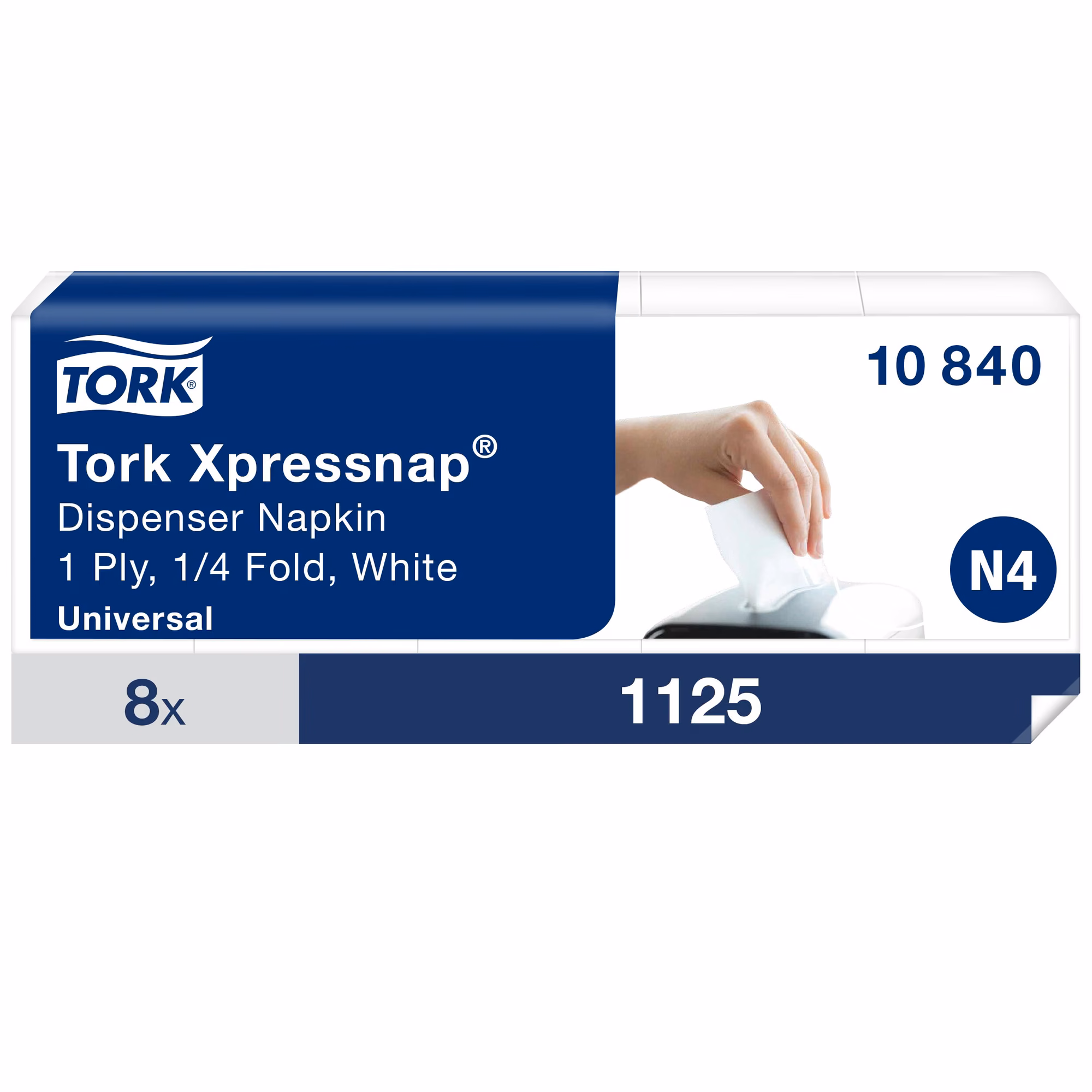 Serwetki Tork Xpressnap® N4 10840, opakowanie jednostkowe z grafiką dłoni wyciągającej serwetkę