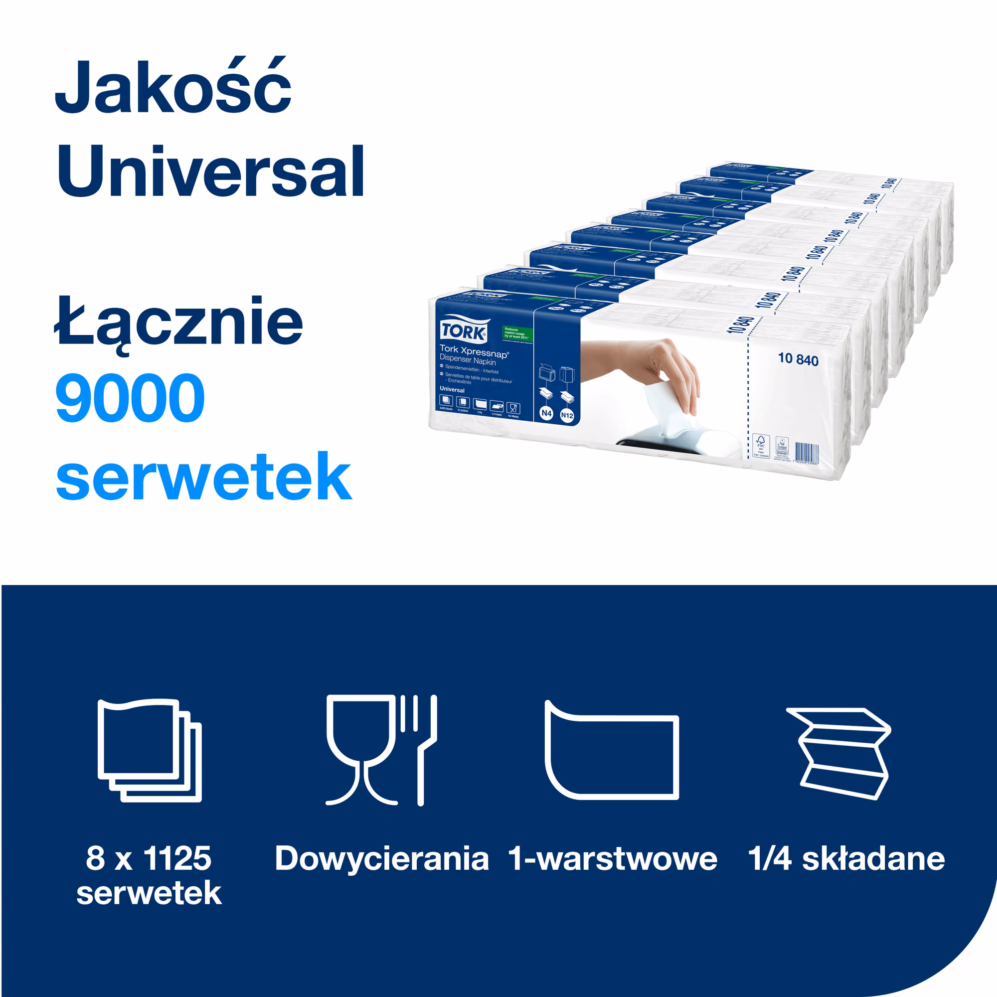 Serwetki Tork Xpressnap® N4 10840, opakowanie zbiorcze 8 paczek po 1125 sztuk, łącznie 9000 serwetek