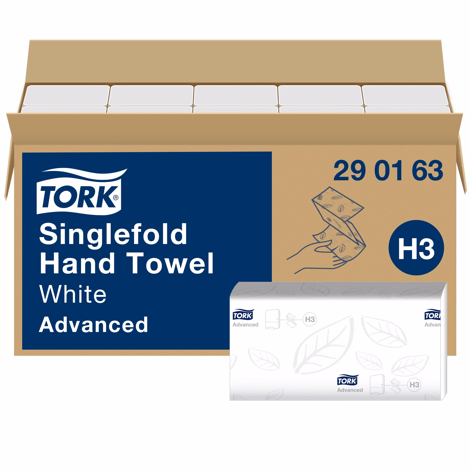 Tork Singlefold miękki ręcznik (w składce ZZ), zbliżenie na pojedynczą bindę ręczników z logo Tork Advanced
