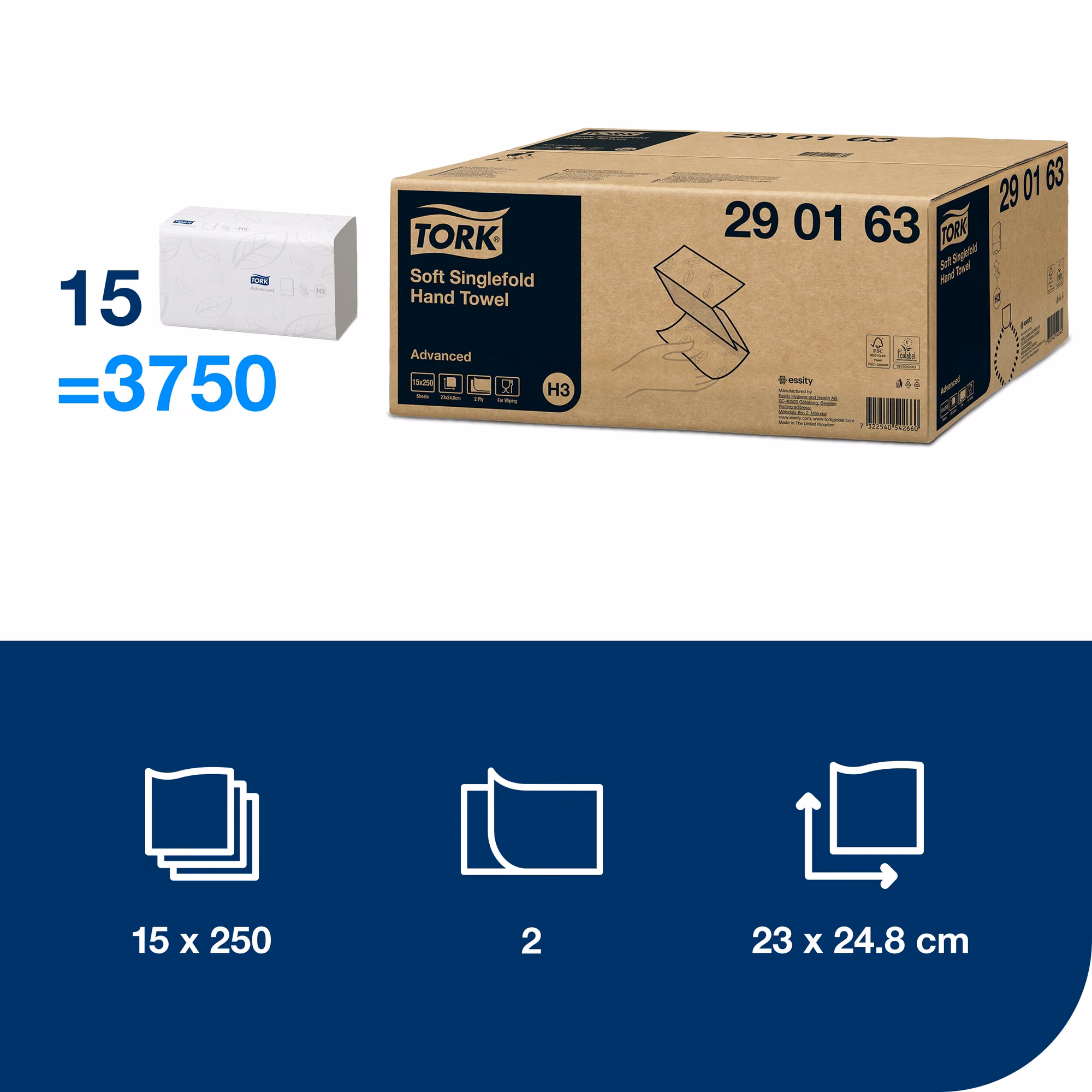 Tork Singlefold miękki ręcznik (w składce ZZ), infografika pokazująca 3750 listków w kartonie i wymiary 23x24.8 cm